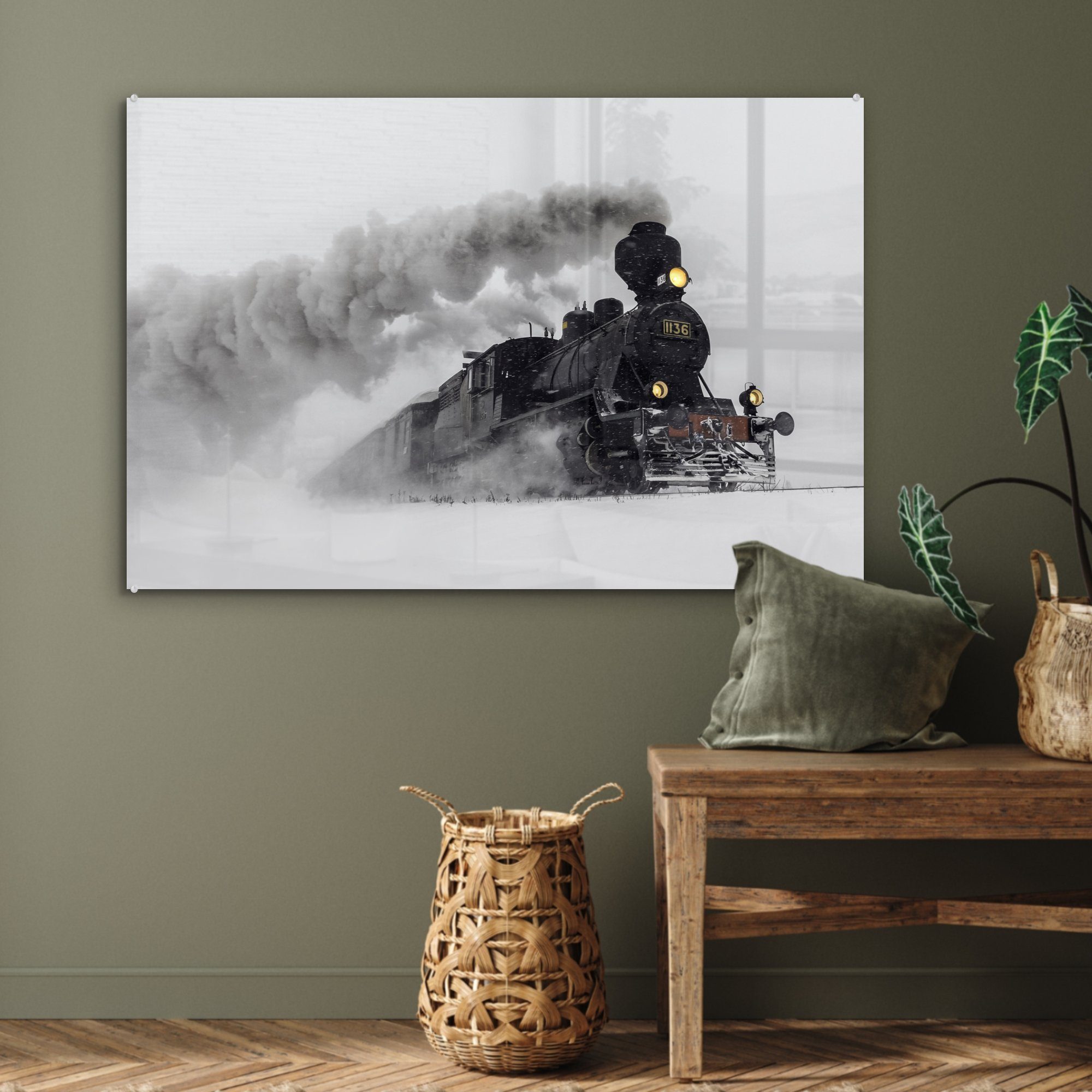 (1 MuchoWow liegend, St), Dampflokomotive Schlafzimmer Wohnzimmer & Acrylglasbild Acrylglasbilder im - Schnee