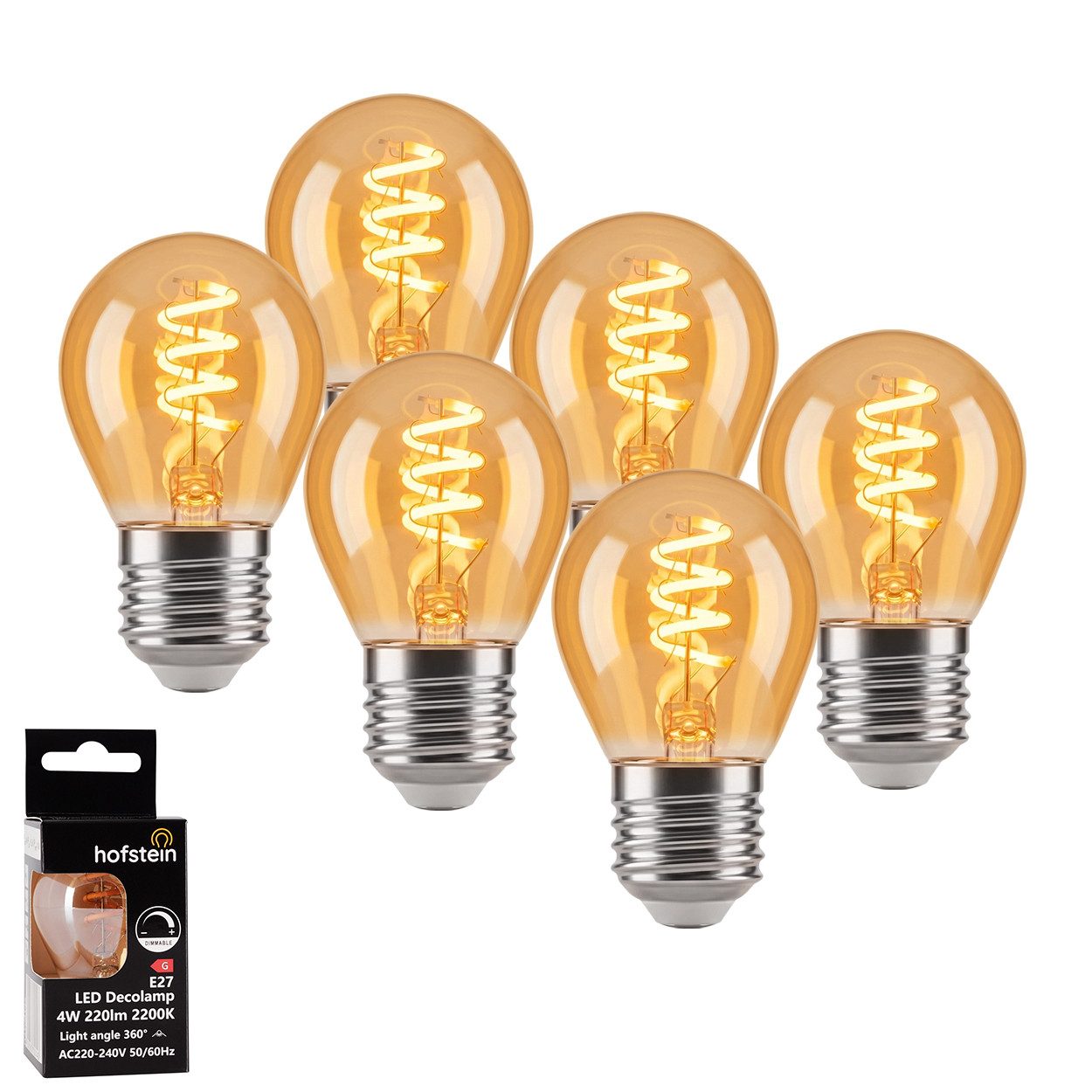 hofstein LED-Leuchtmittel 6er Set Glühbirne Extra Warmweiß dimmbar 4 Watt, E27, 2200 Kelvin, 220 Lumen, Kerze, Filament Spirale, Amber