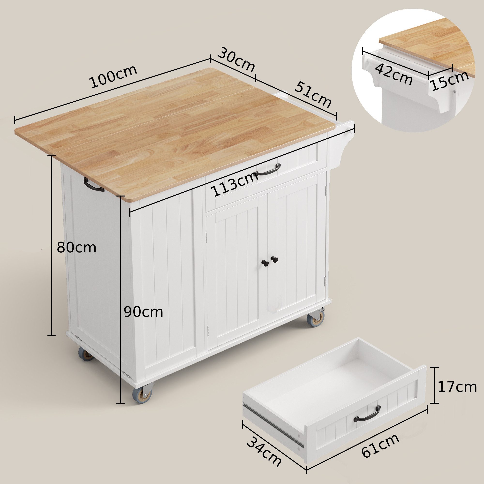 Blishom Küchenwagen Fahrbare Kücheninsel mit Mülleimerfach, 113x51x91 cm, Mobile Küchenwagen mit klappbarer Arbeitsplatte und Schubladen
