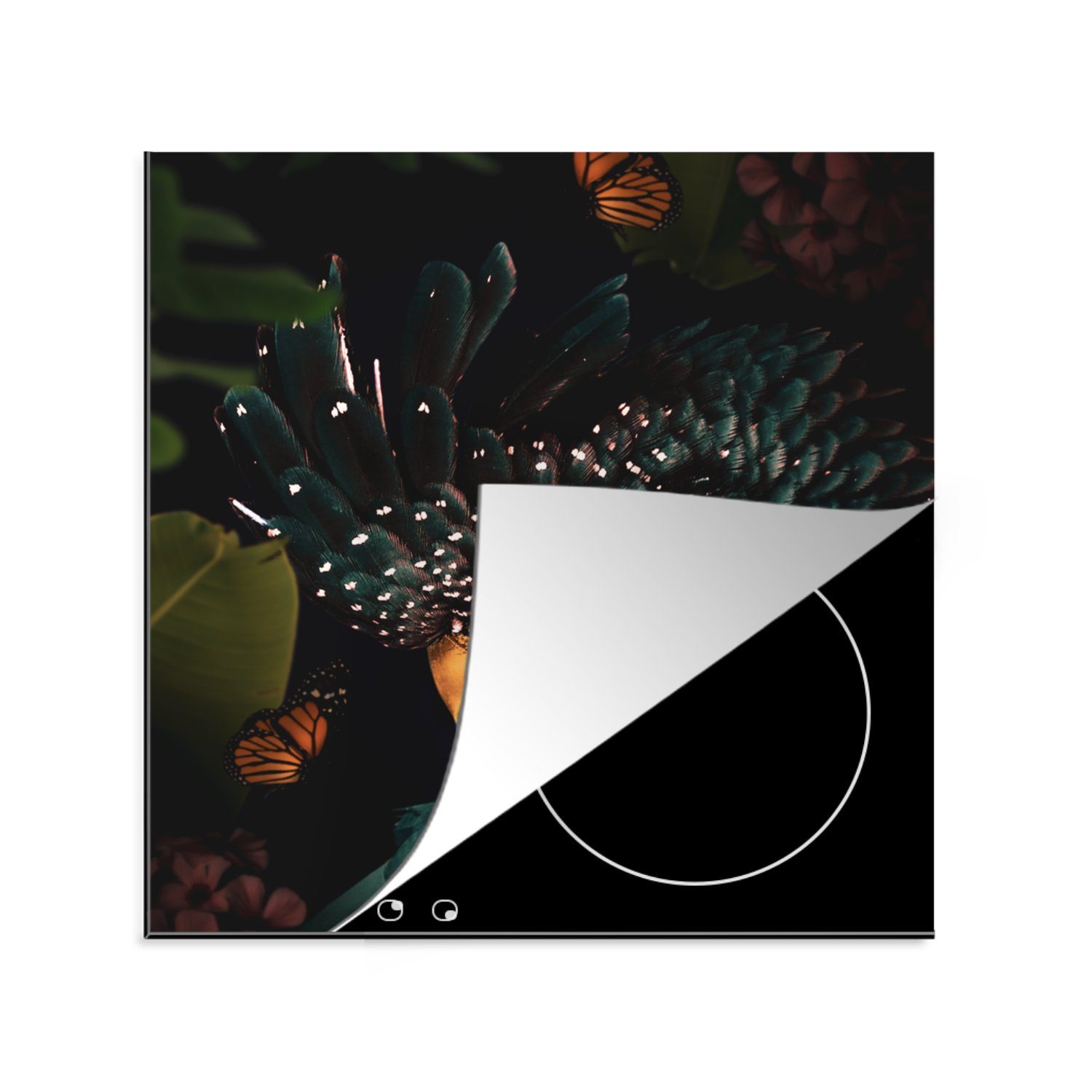 78x78 (1 cm, Ceranfeldabdeckung, tlg), küche Herdblende-/Abdeckplatte Schmetterlinge Arbeitsplatte MuchoWow - - für Kakadu Grün, Vinyl,