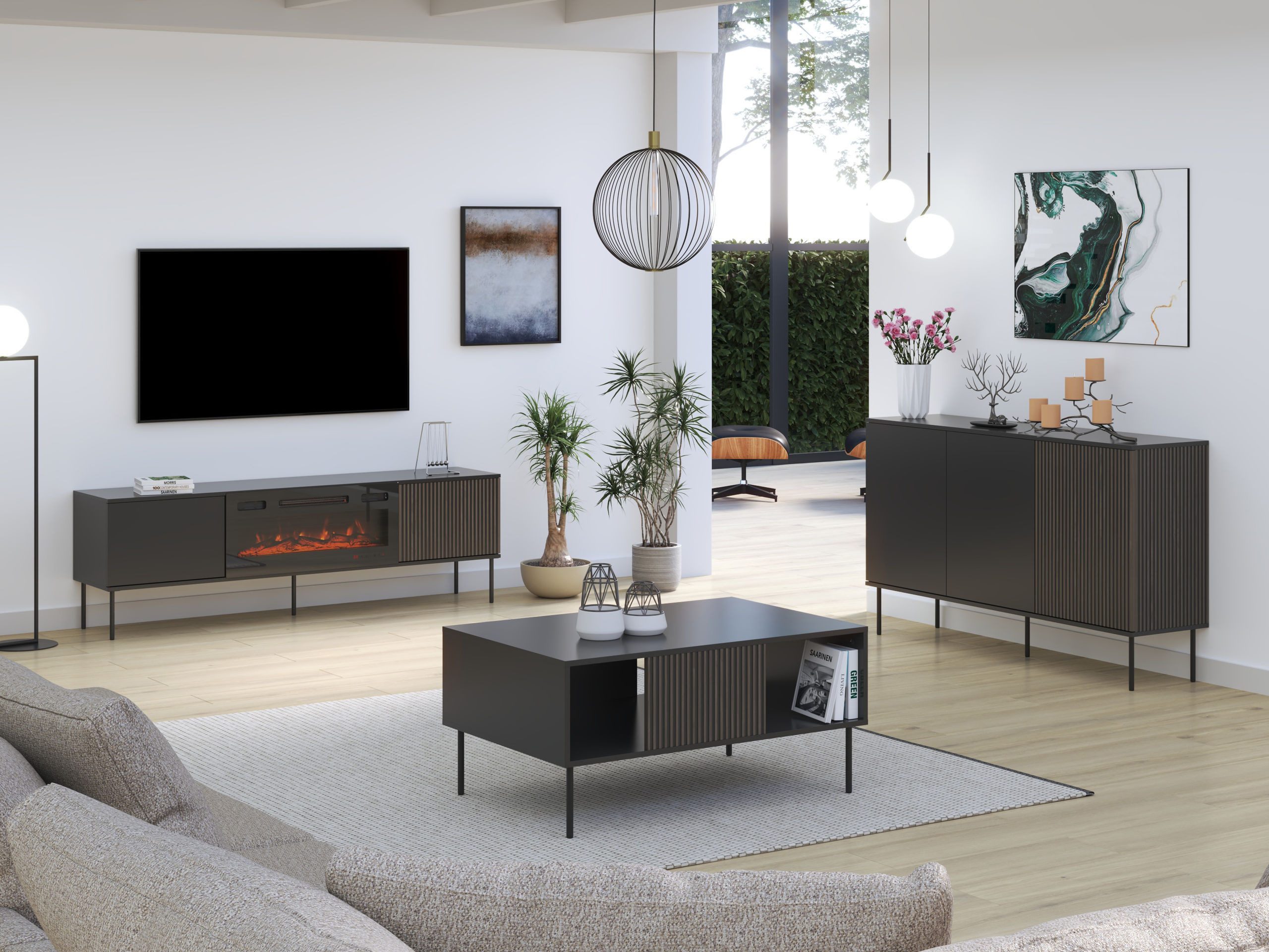 MIRJAN24 Wohnzimmer-Set Notte II, (3er-Set, Kommode, Couchtisch TV-Lowboard mit Kamin), Gedämpftem Schließsystem, Metallfüße 20 cm