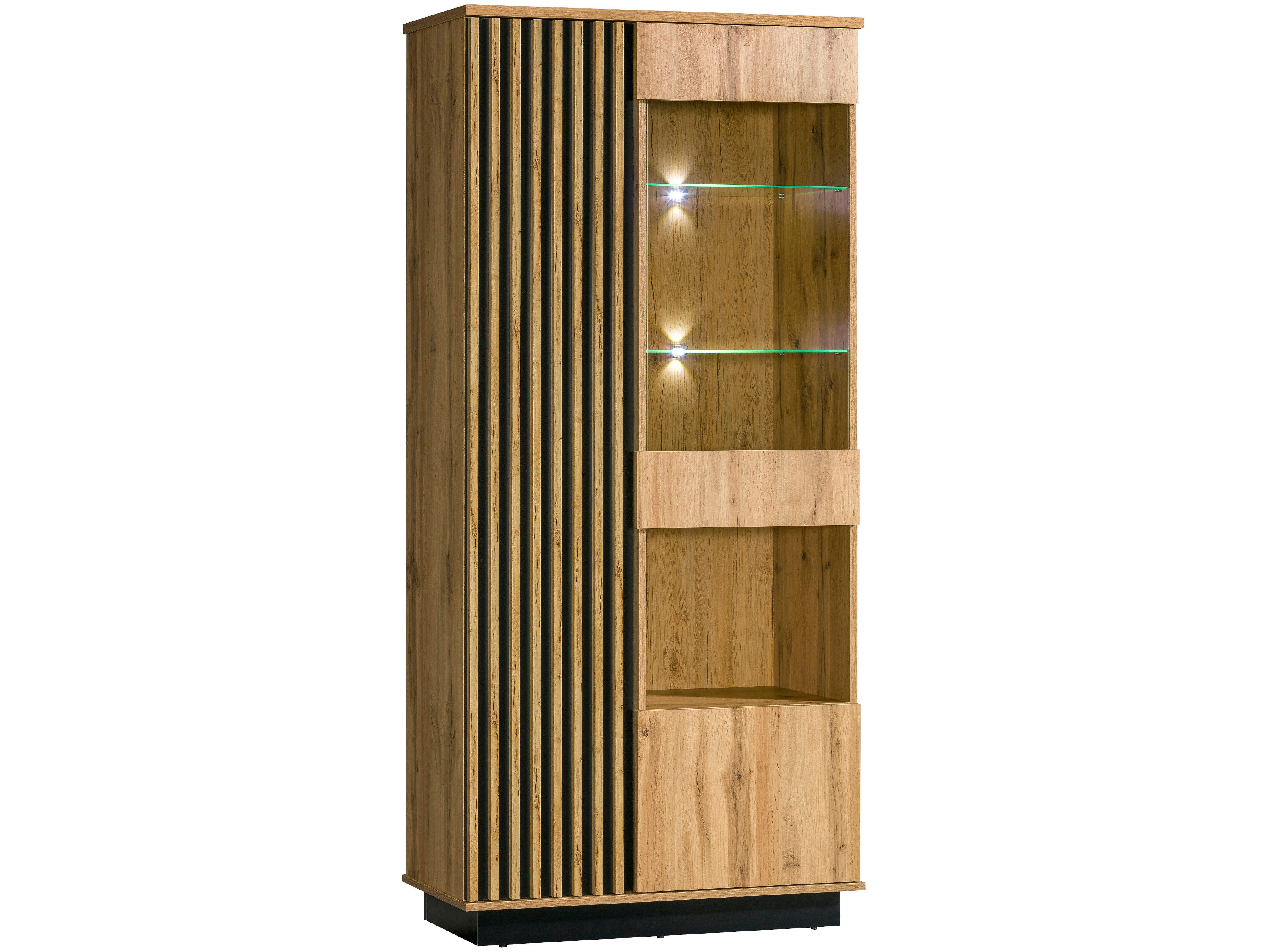 Beautysofa Vitrine mit Lamellen LAMELO mit Holzlamellen – Glastür & Einlegeböden, ohne LED