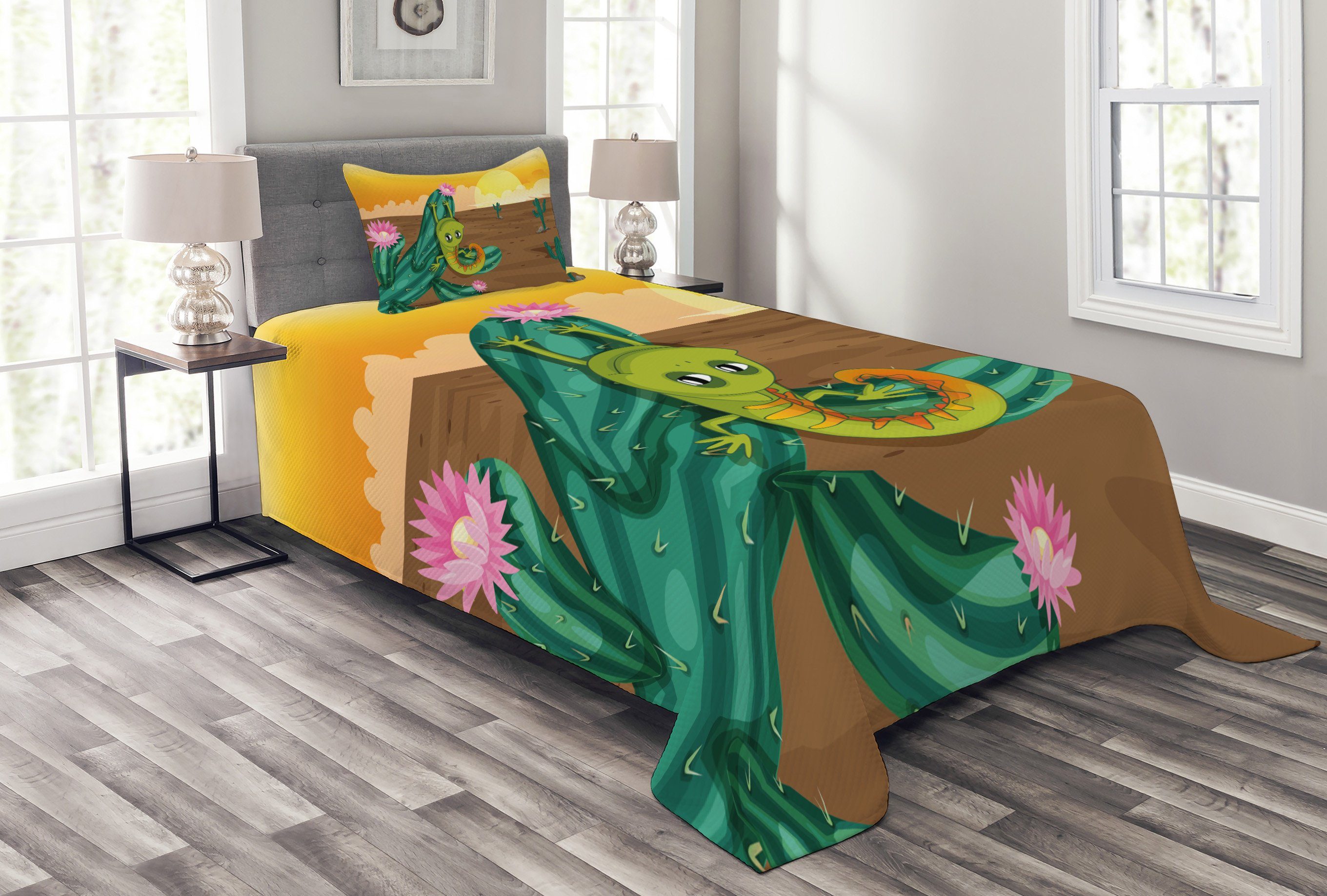 Tagesdecke Set mit Kissenbezügen Cartoon Kaktus Waschbar, Wüsten-Landschaft Abakuhaus