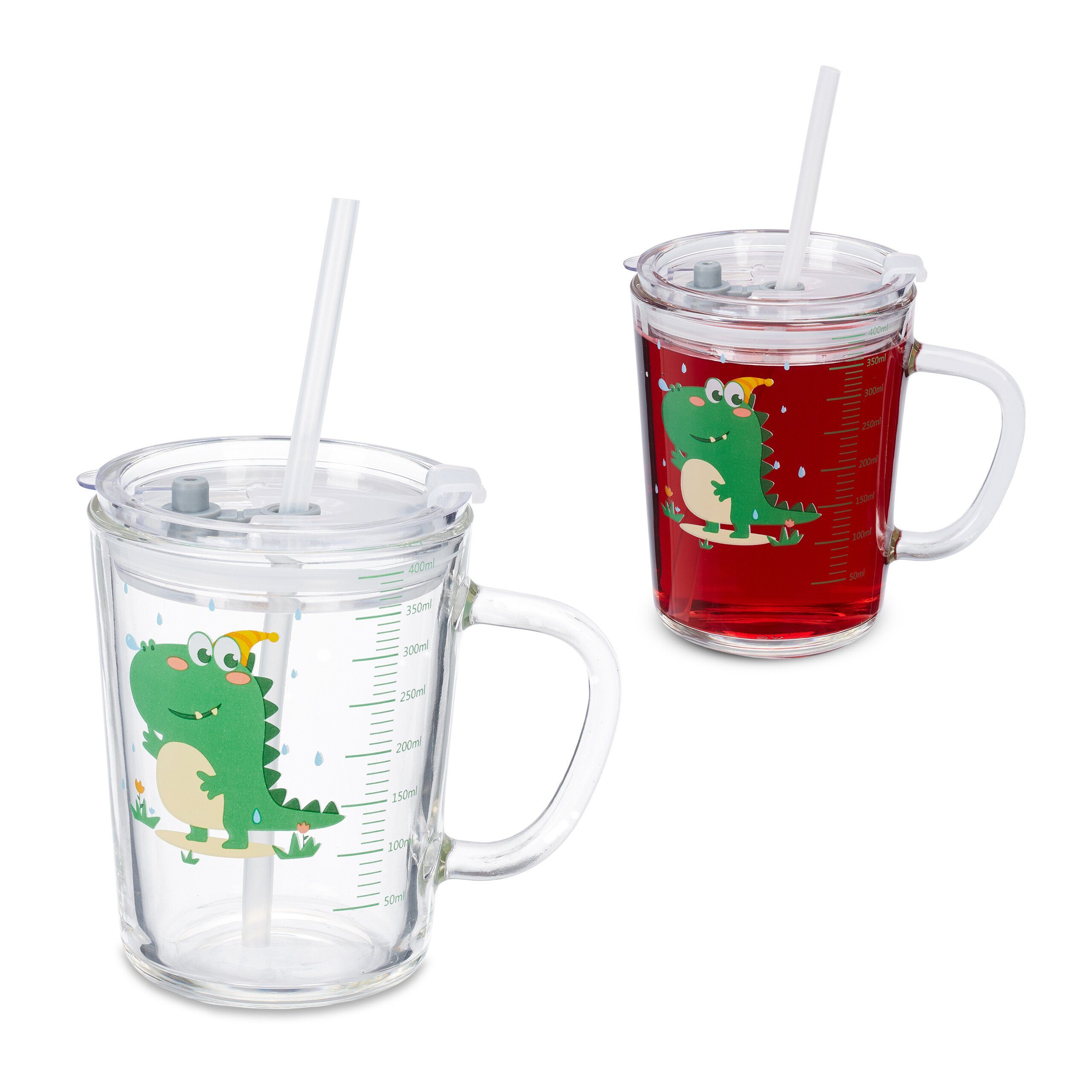 Kinderbecher relaxdays 2er Dinomotiv, Glas Kindergläser Set mit