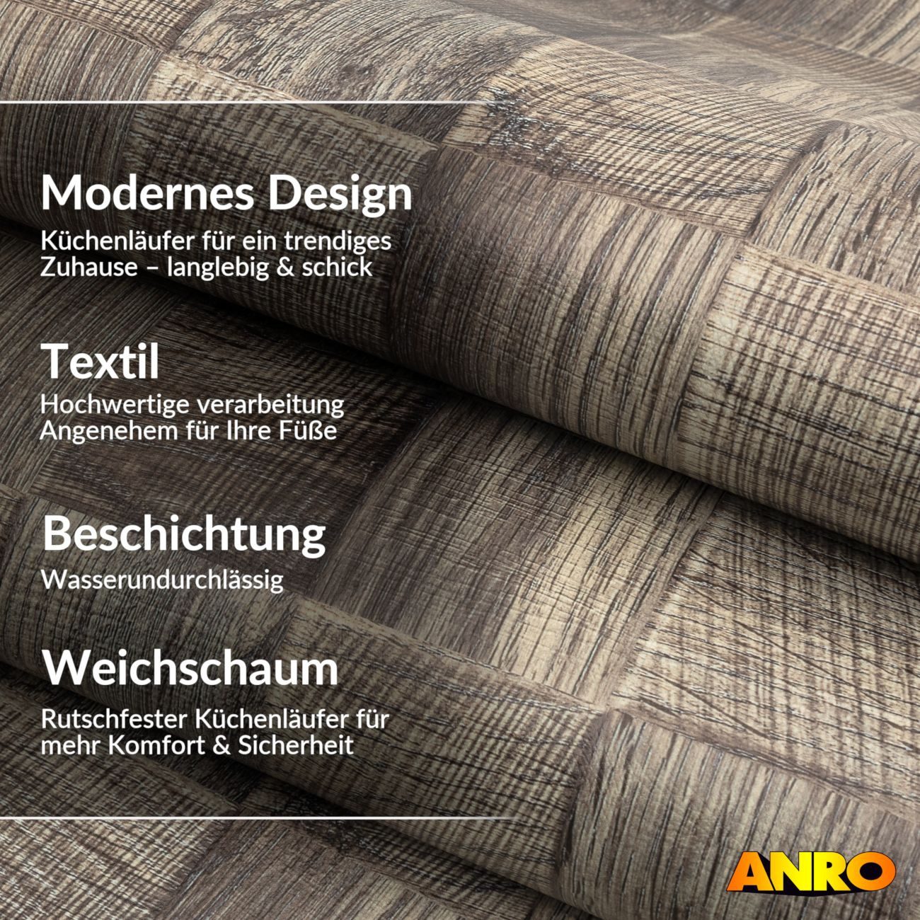 ANRO Küchenläufer abwaschbar Holz LADY Läufer stark pflegeleicht Küchenteppich, Rechteckig, Höhe: 3 mm, robust schmutzabweisend 67x100cm Patchwork Taupe robust