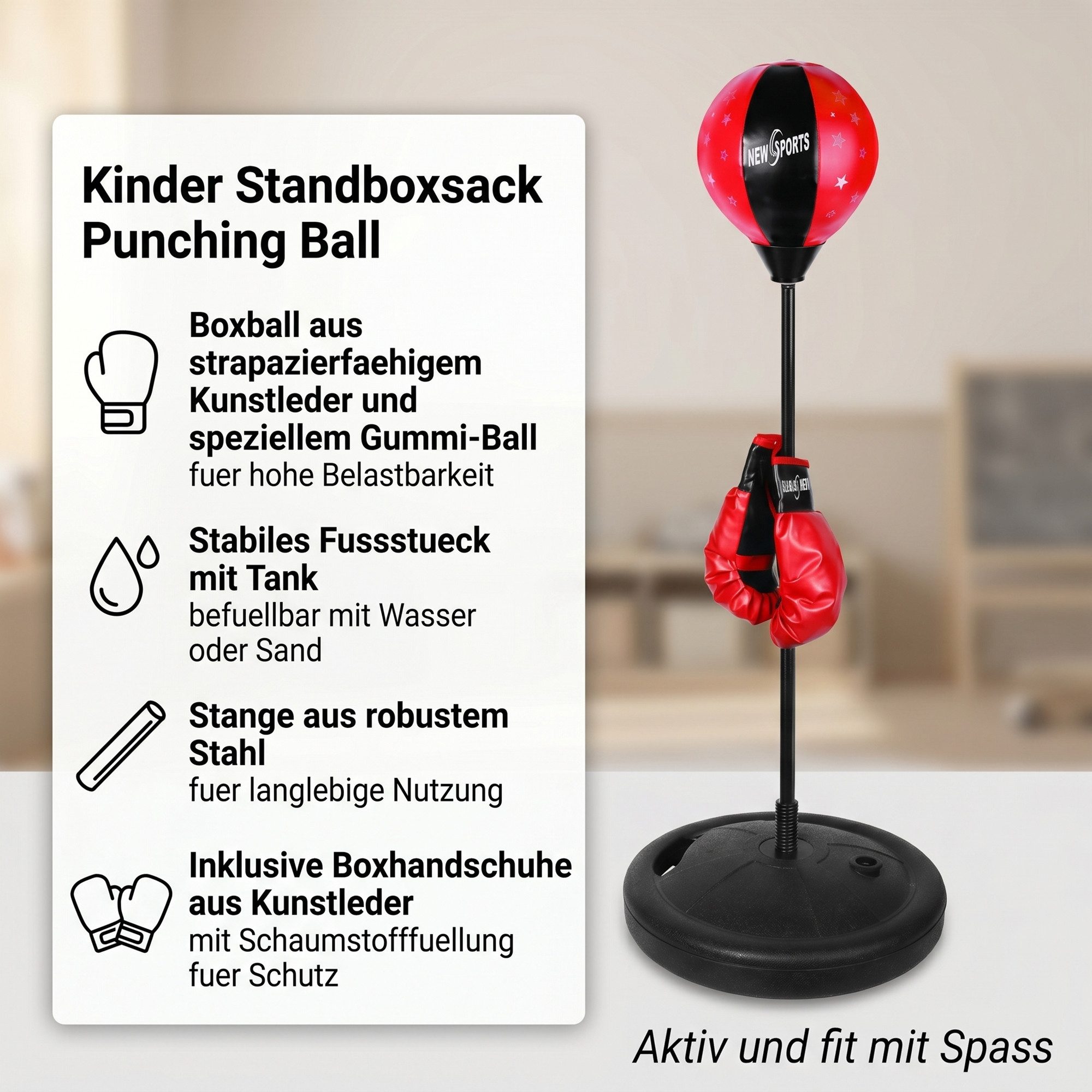 Mucola Standboxball Standboxsack für Kinder – höhenverstellbar, Standfuß & Boxhandschuhen (Trainingsset, 1-tlg., 4-teiliges Set), Höhenverstellbar, federnder Boxball, Standfuß, Boxhandschuhe