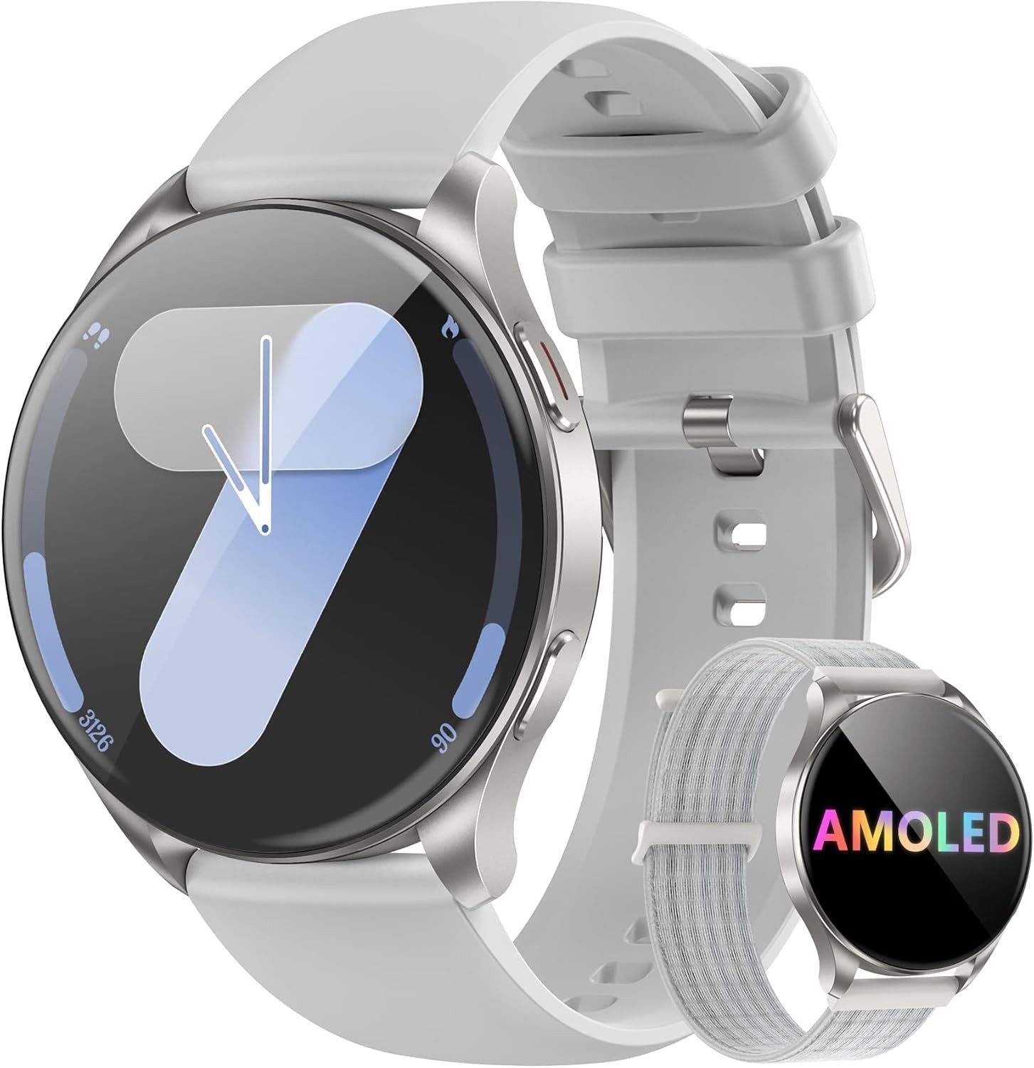 IOWODO Smartwatch Damen Herren Ultradünn, 5 Tage Akku,1,43" AMOLED, 2 Armband Smartwatch (1.43 Zoll, Android/IOS), 1-tlg., mit 120+ Sportmodi und Bluetooth-Anruf, WhatsApp Benachrichtigungen, SpO2,Herzfrequenz-und Schlafüberwachung,Schritten,Sprachassistent,IP68