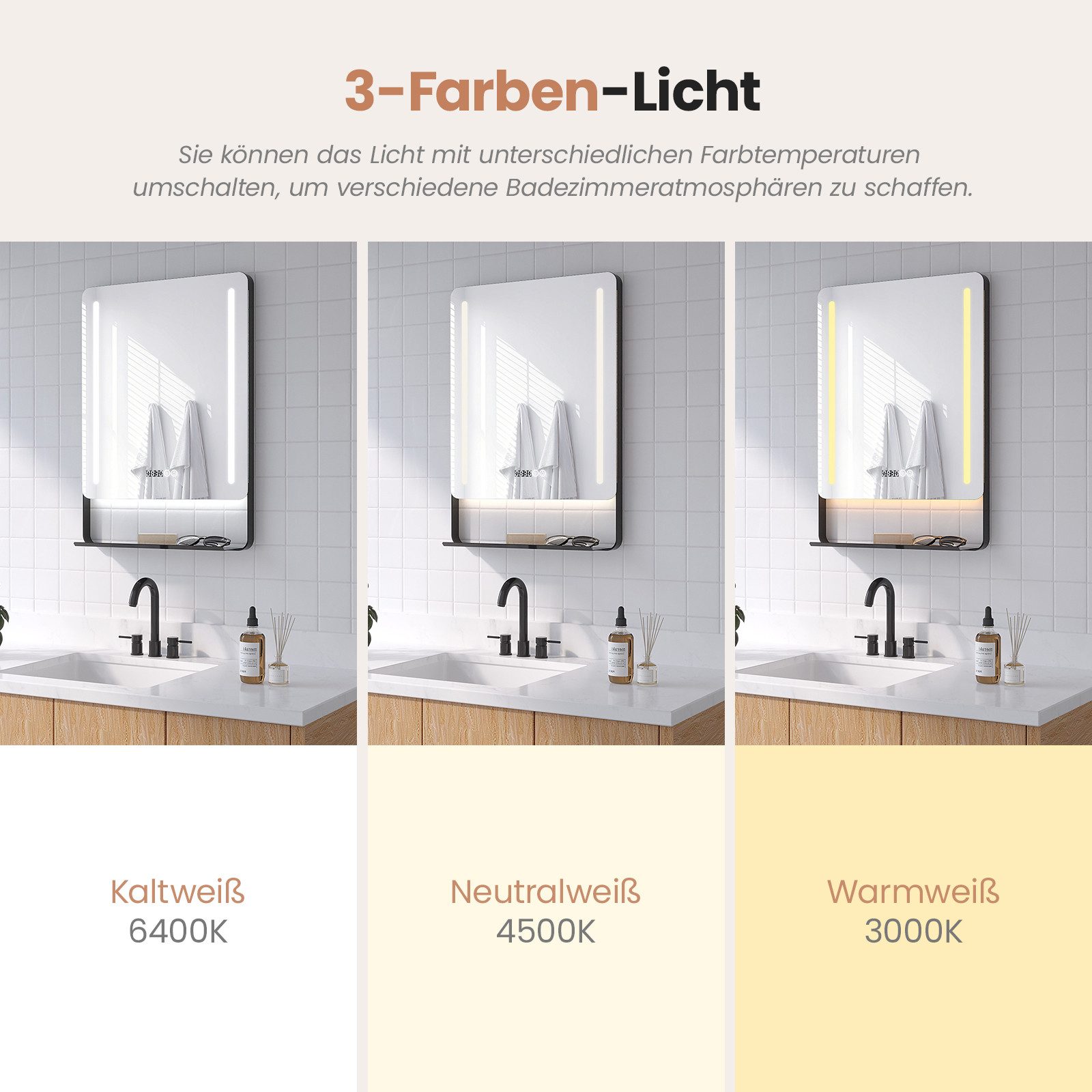 AQUALAVOS Badspiegel Wandspiegel Bad Spiegel mit Ablage 50x70cm LED Uhr Lightspiegel, Moderne Badspiegel mit Beleuchtung, Ablage, Uhr, Antibeschlag – Bild 5 von 5
