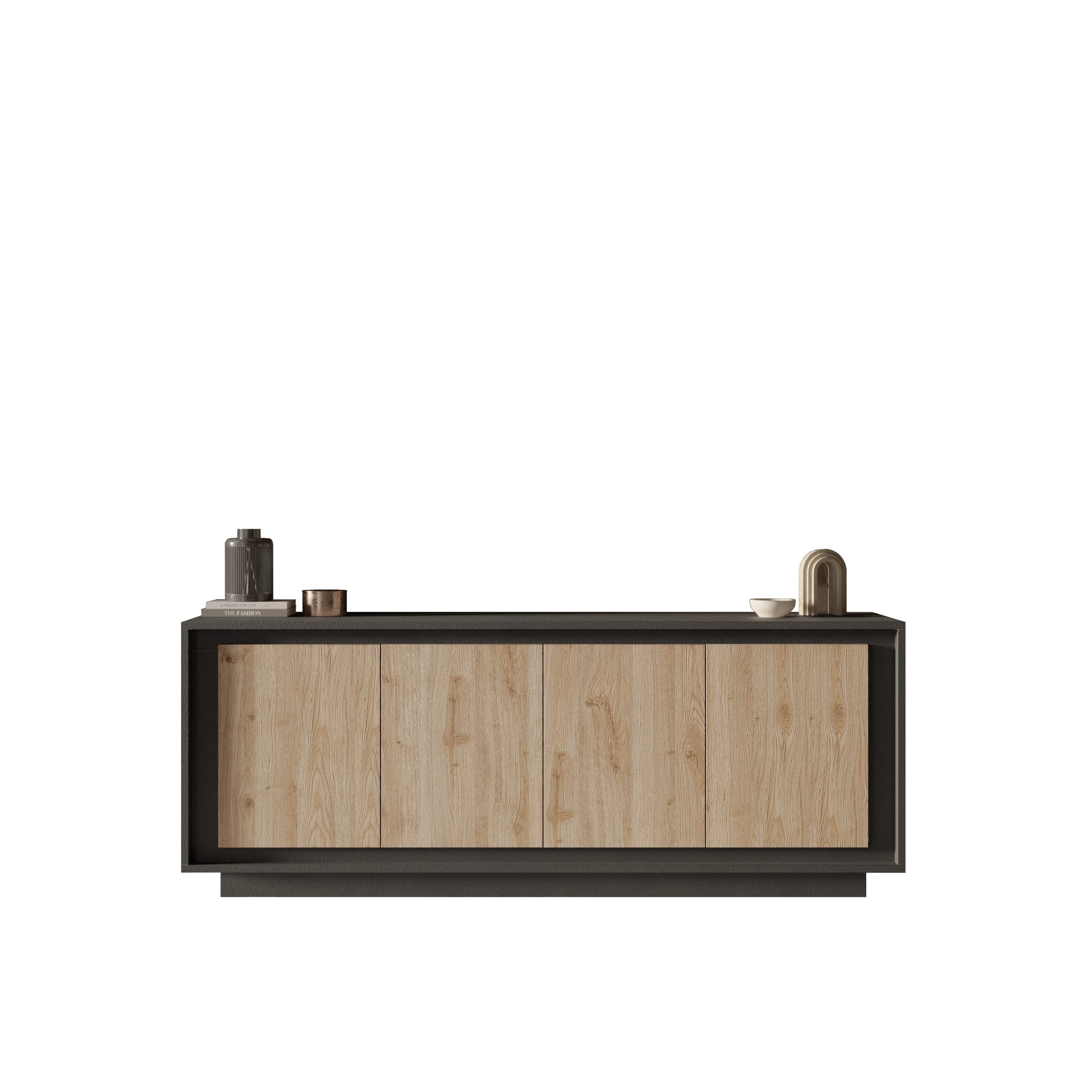 freiraum Sideboard Siena, 4 Türen, Lava anthrazit / Cadiz Eiche Dekor - 207x80x50 (BxHxT)