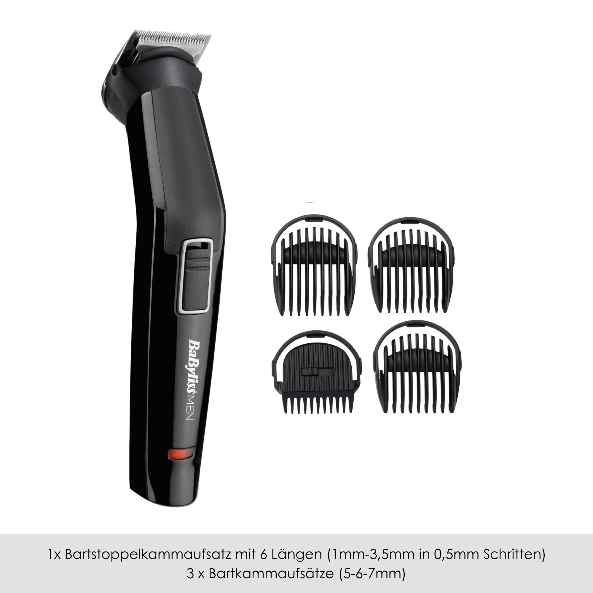 BaByliss Multifunktionstrimmer BaByliss 6-in-1 Multigrooming Trimmer, Edelstahlklingen, MT725E, 6 Stylingfunktionen, 4 Kammaufsätze, kabelloses Grooming-Set