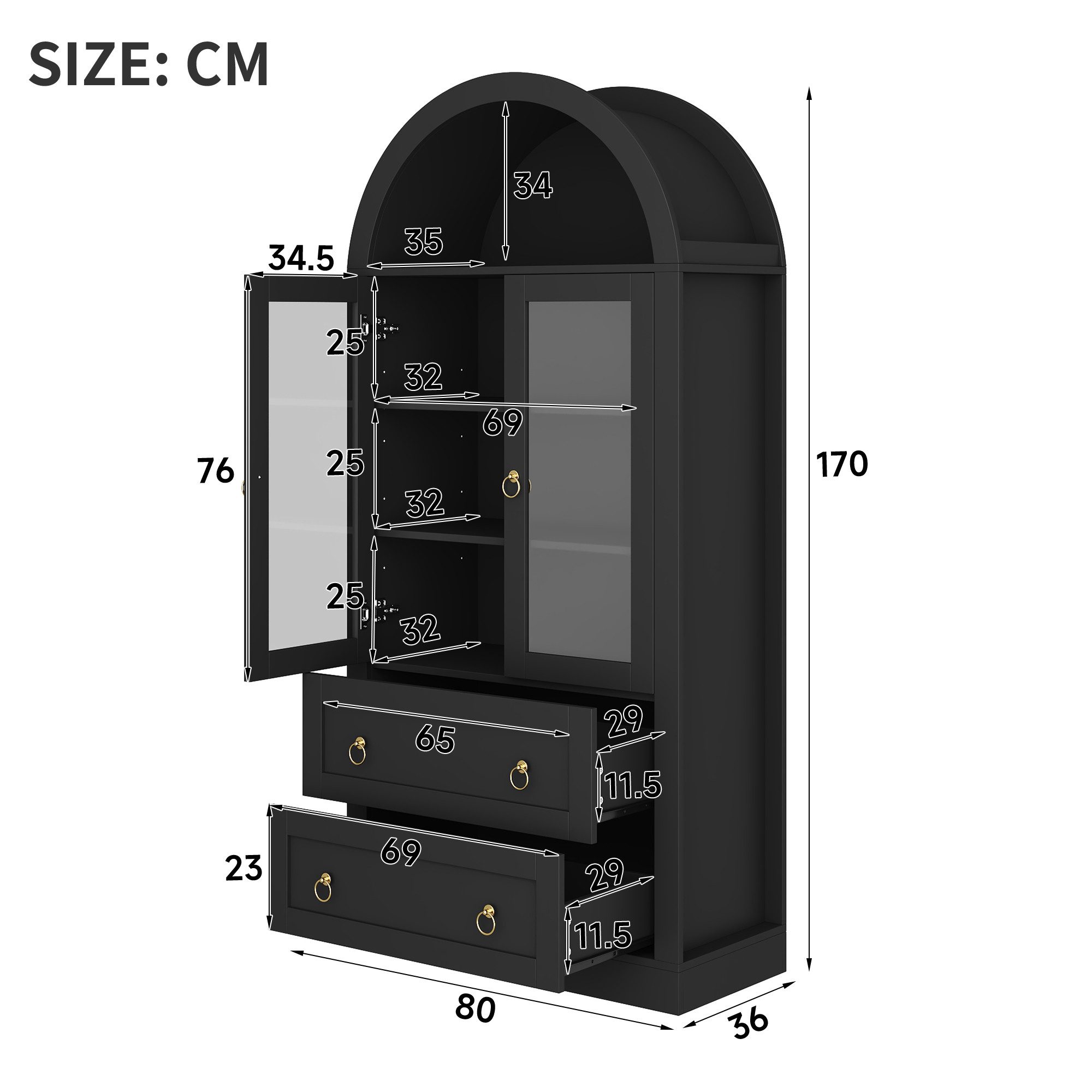 Flieks Hochschrank Bogen-Glasvitrine mit Schubladen, Doppeltüren und Retro-Metallgriffen (mit verstellbarer Einlegeböden, 1-St., 80x36x170 cm) Mehrzweckschrank  – Bild 5 von 5