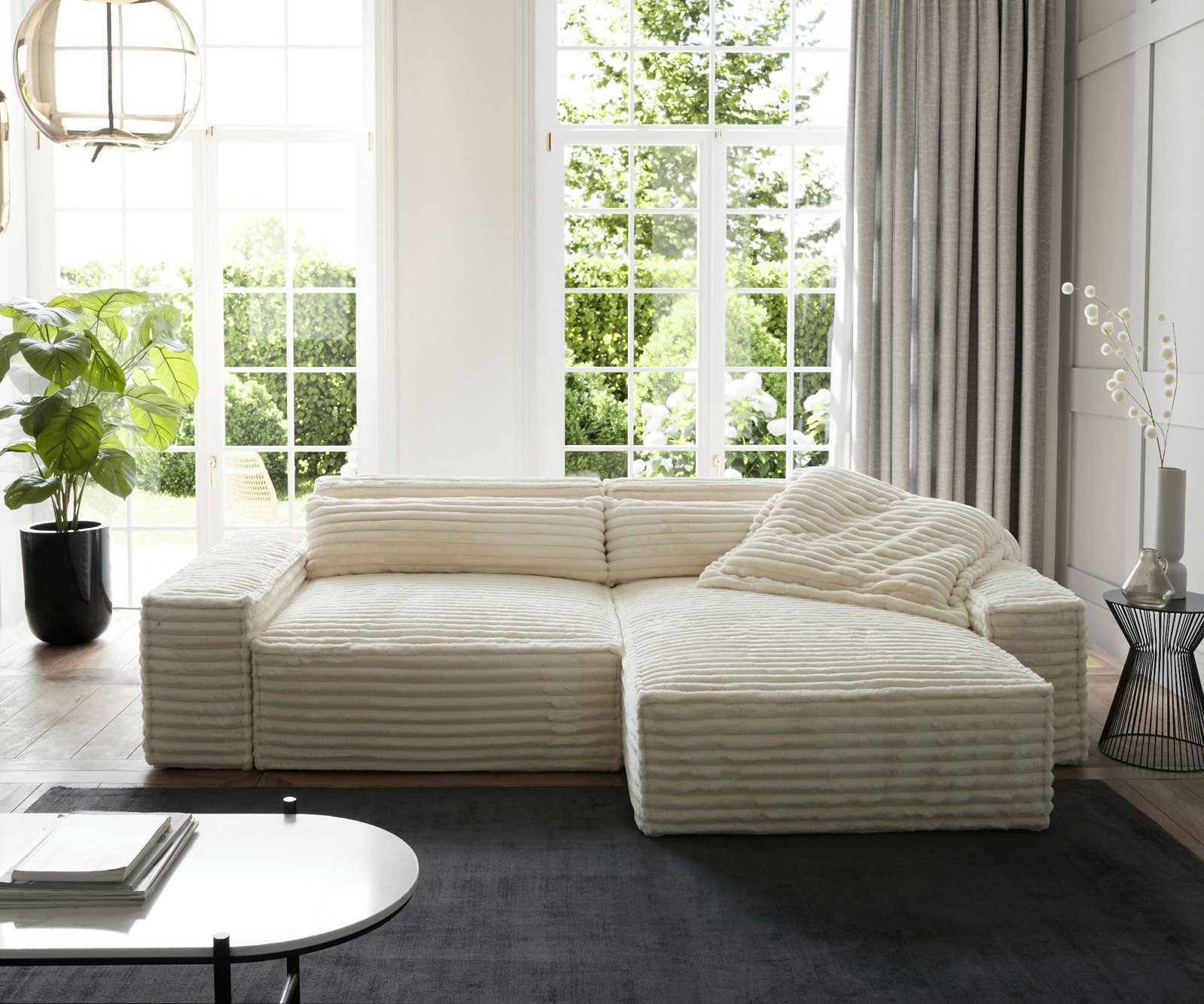 DELIFE Ecksofa Sirpio, XL Plüschcord Beige 270x170 cm Recamiere variabel günstig online kaufen