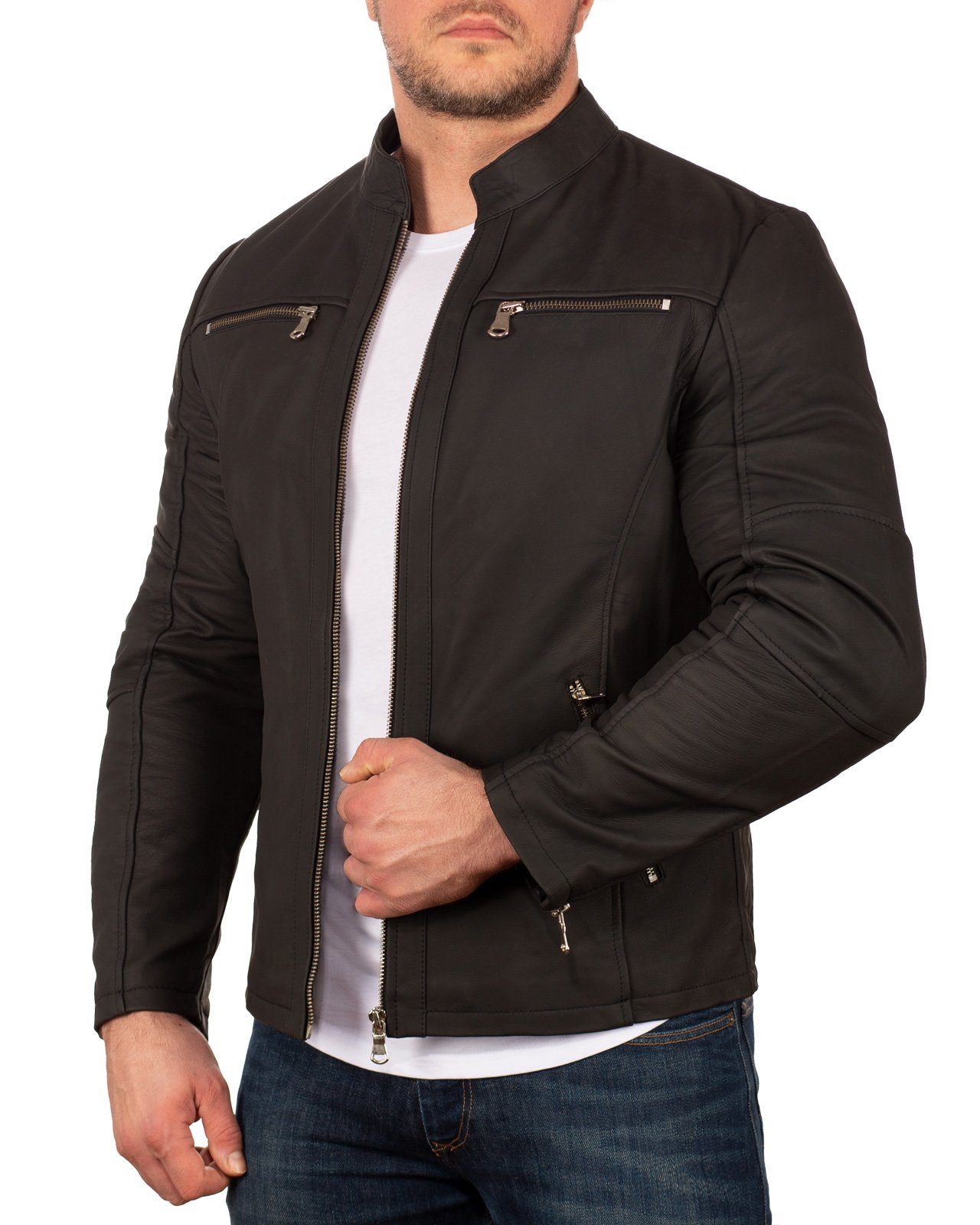 Reichstadt Lederjacke Herren Regular Fit Bikerjacke Silver Zipper 20RS20LUX Reißverschluss an den Ärmelenden