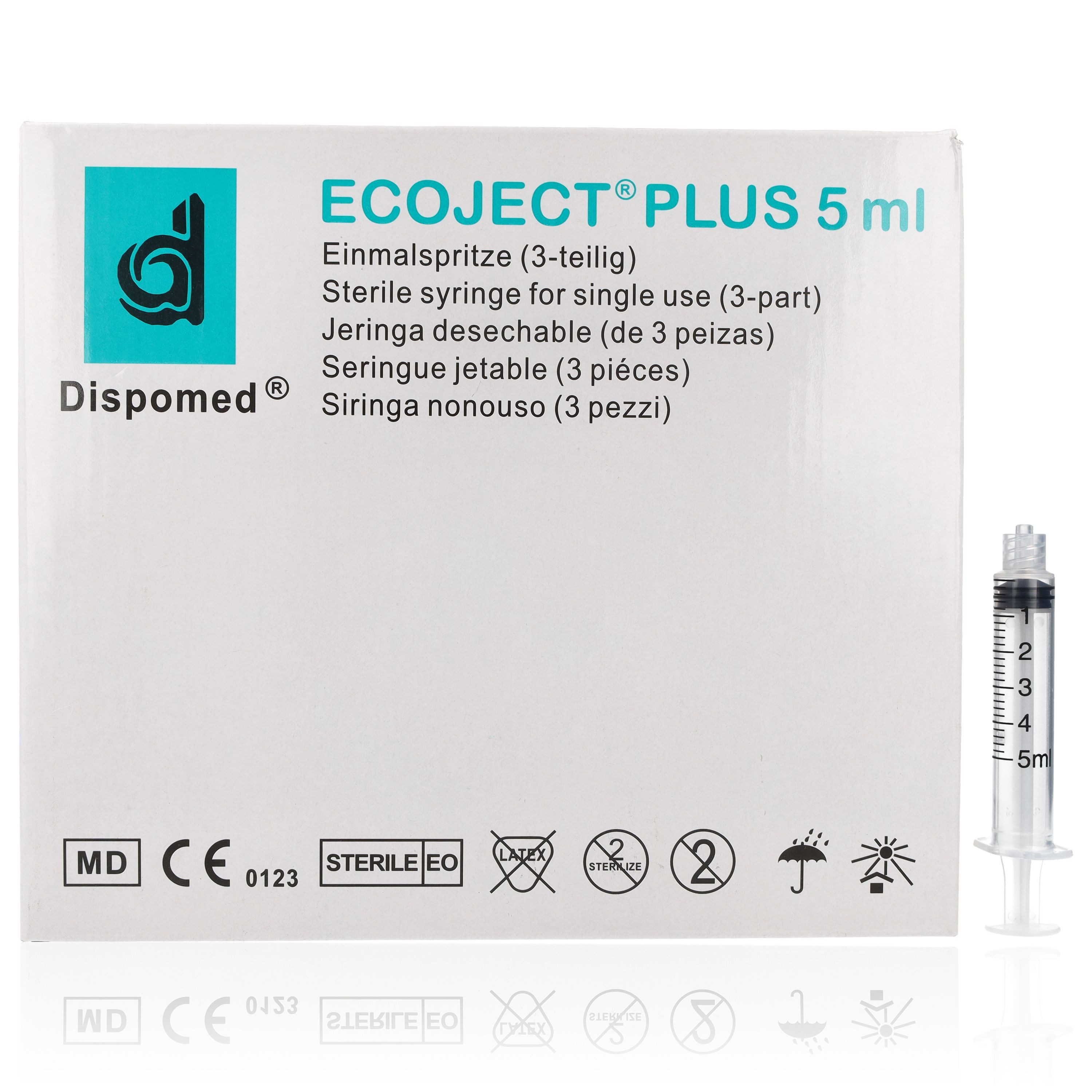 Dispomed Einwegspritze ECOJECT Plus 3-tlg Einmal-Spritzen 5ml 100 Stück, (Großpackung, 100-St., Luer-Lock Anschluss), für medizinische und nicht-medizinische Verwendung