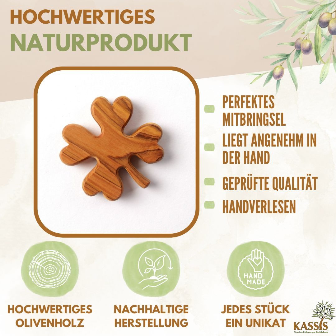 Kassis Geschenkartikel Dekoobjekt Kleeblatt aus Olivenholz Handschmeichler Antistress Glücksbringer, handgefertigt in Bethlehem, Geschenke zu mehreren Anlässen – Bild 2 von 5