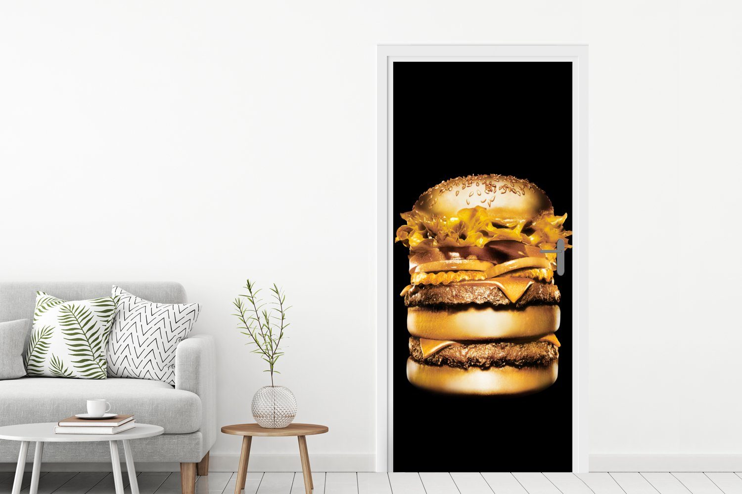 MuchoWow Türtapete St), schwarzem für (1 75x205 cm bedruckt, Türaufkleber, Hamburger Hintergrund., auf Fototapete Matt, Goldener Tür