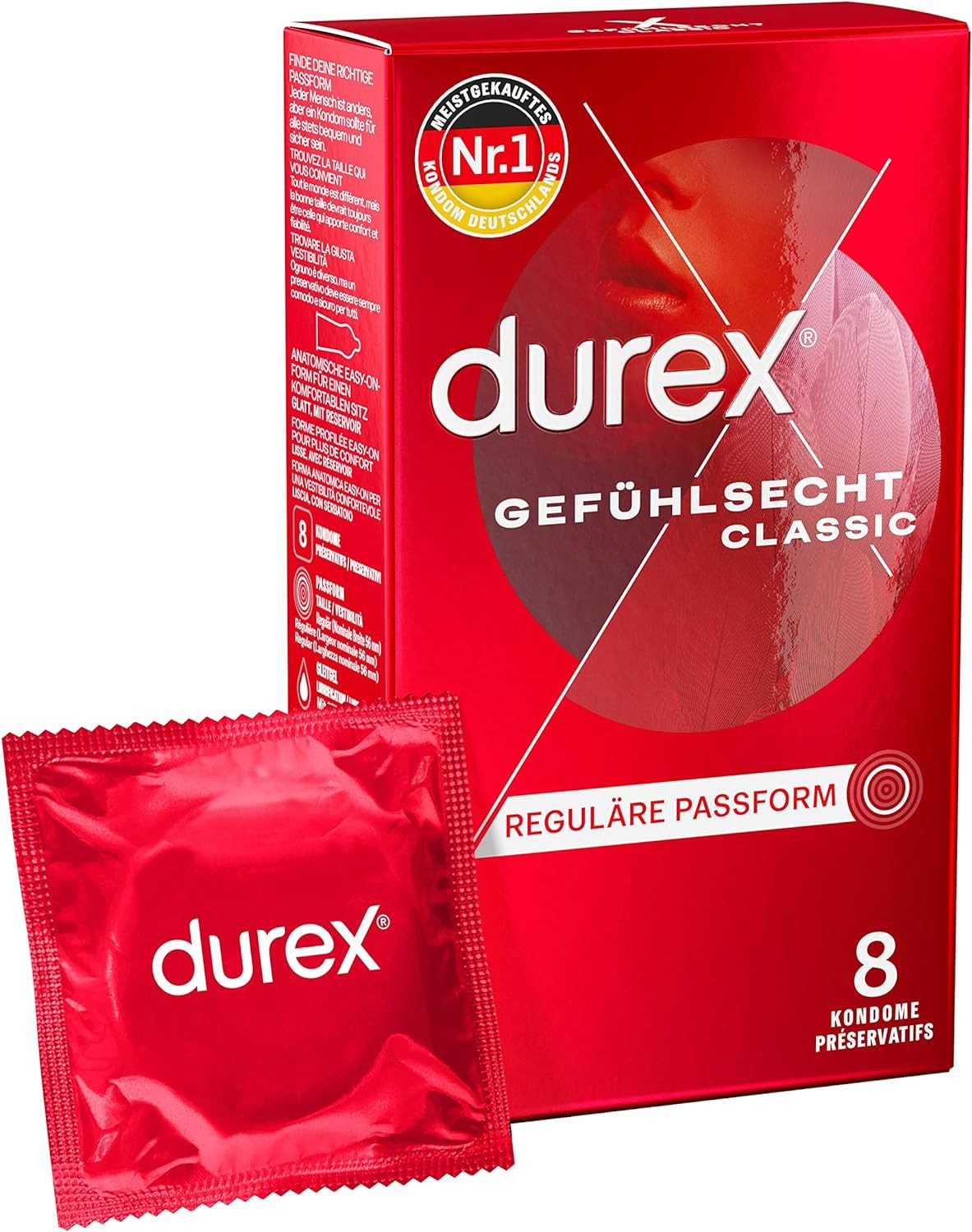 durex Kondome Gefühlsecht Classic, 8 St., mit Easy-On-Form, & Silikongleitgel