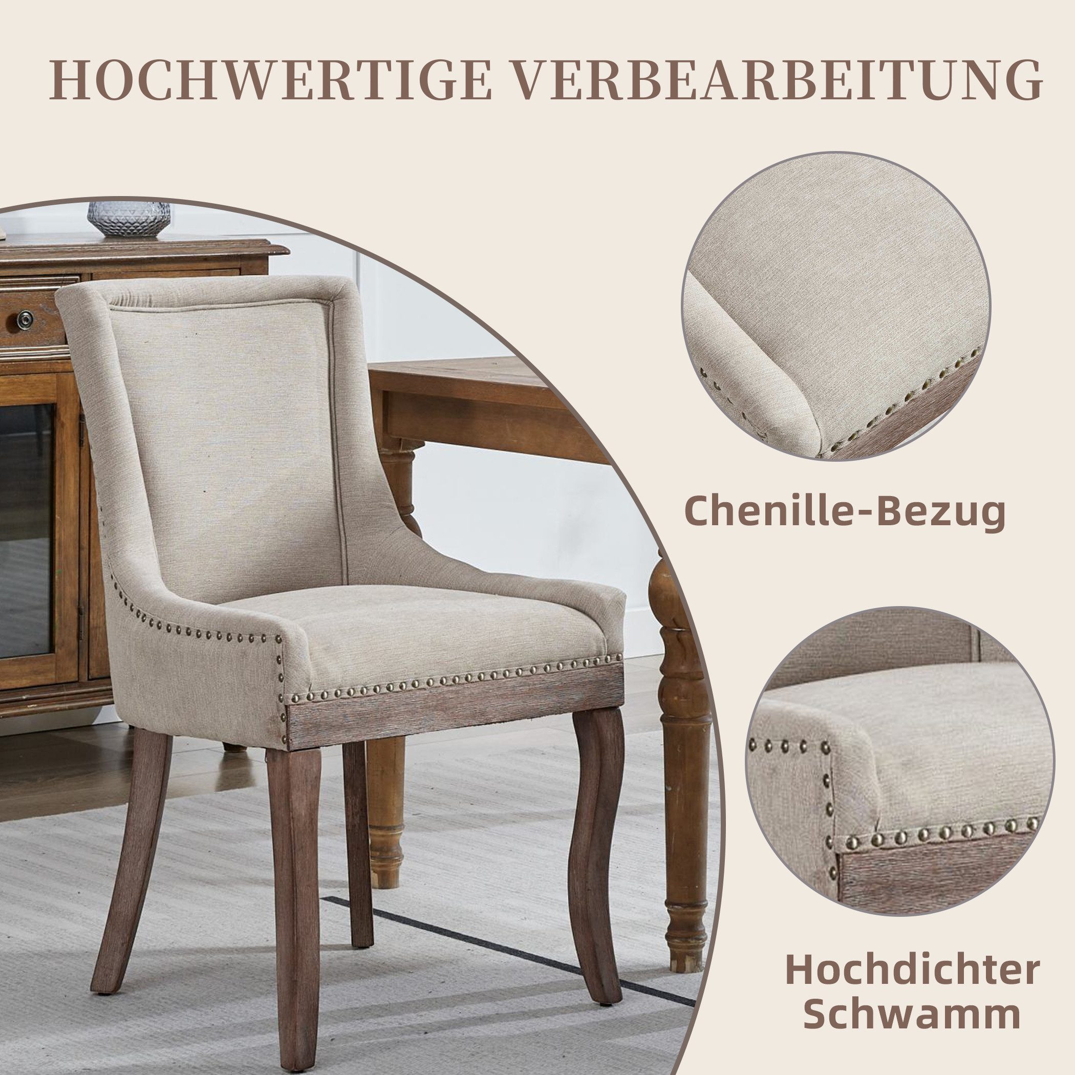 SeedWave Esszimmerstuhl 2er-Set Küchenstuhl Chenillebezug, Holzfüße mit Verstellbaren Fußpads, Polsterstuhl mit geschwungener Rücklehne, Niete-Design