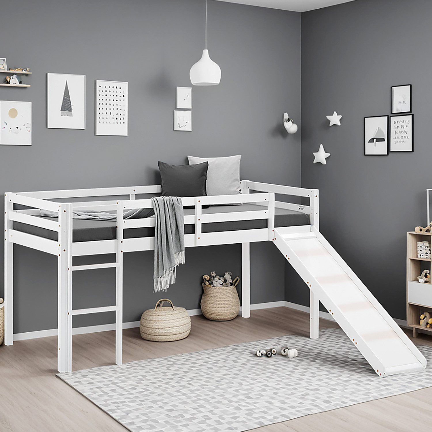 Homestyle4u Hochbett 90x200 Kinderbett Rausfallschutz Grau/Weiß Kinder Leiter Treppe (Komplett-Set mit Lattenrost, mit Rutsche, Matratze mit OEKO-TEX® Standard 100) Kiefer, Jungen Mädchen, Spielbett