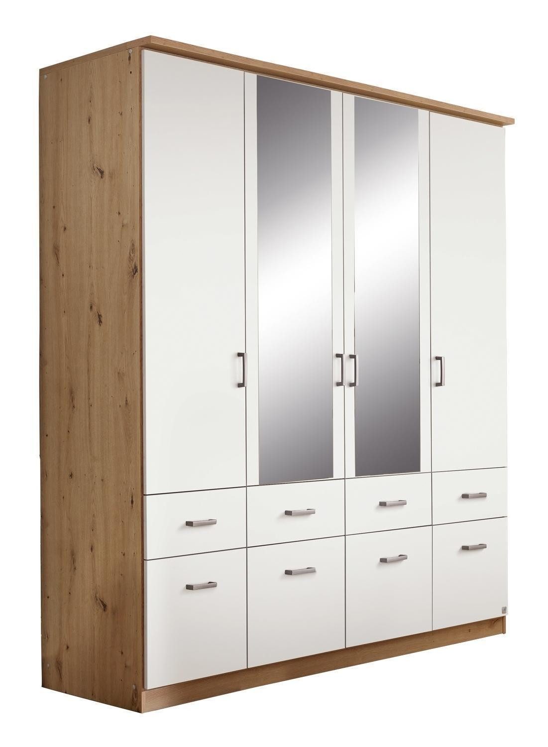 rauch Kleiderschrank BREMEN, Artisan Eiche Dekor, Alpinweiß, Alpinweiß, 3 Türen, 6 Schubladen, mit Spiegel