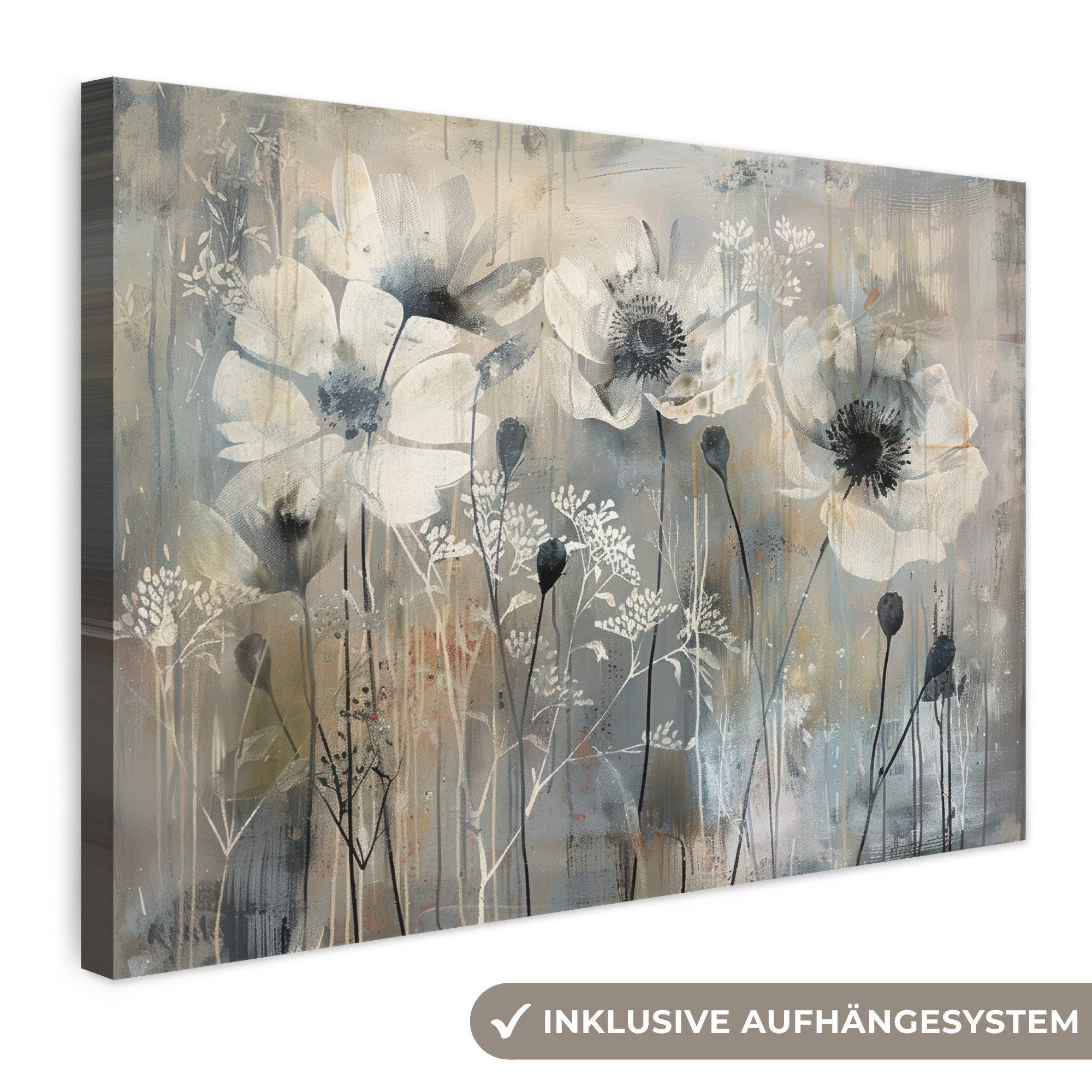 OneMillionCanvasses® Leinwandbild Blumen - Pflanzen - Grau - Abstrakt, Fotodruck (1 St), Leinwand Bilder Klein, Wand Dekoration Aesthetic 30x20 cm