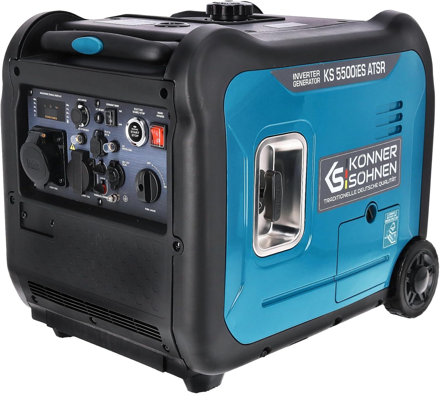 Könner & Söhnen Stromerzeuger KS 5500iES ATSR, 5,50 in kW, (Schallgedämmtes Gehäuse (66 dB Lpa 7 m), ECO-Modus, 1-tlg., Schuko-Steckdose 230 V, CEE-Steckdose 230V 32A, 2 USB-Anschlüsse), Kurzschluss- und Überlastschutz, Abgasnorm EURO V