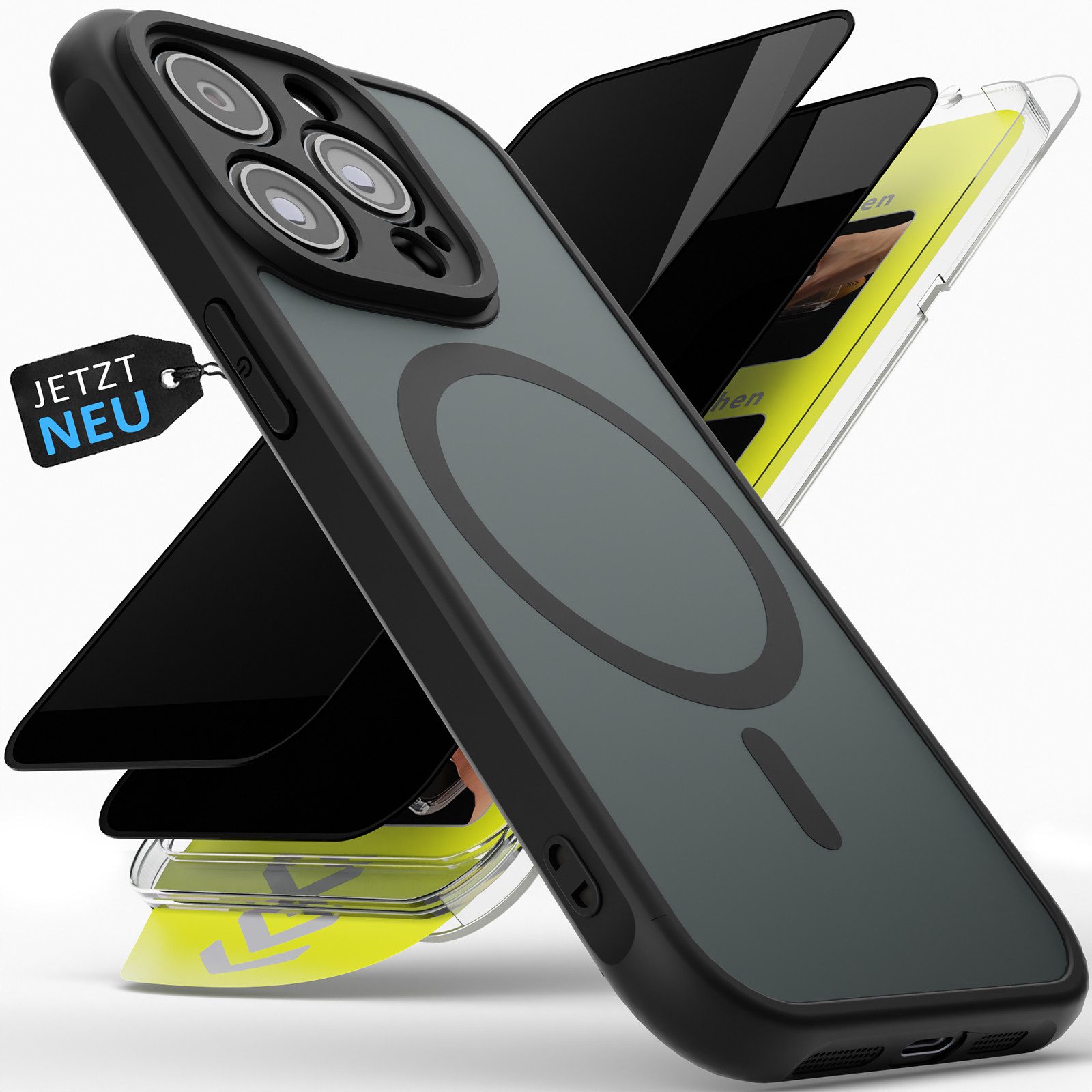 GreenHec Handyhülle Hülle + Panzerfolie iPhone 16 15 14 13 12 Pro Max MagSafe Magnet Handy 7 Zoll, Displayschutzglas 9H Sichtschutz Stoßfest Transparent Dünn Kratzfest