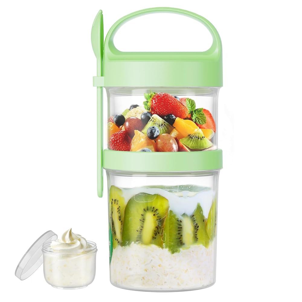 Elegear Müslibox Müslibecher to Go, Joghurtbecher, Doppelschicht Müslibecher mit Löffel, Polypropylen, (1-tlg., 1 × Löffel, 1 × Müslibecher(560+360ml), Lunchtopf für Müsli, Mikrowellen- und Spülmaschinenfest, Grün