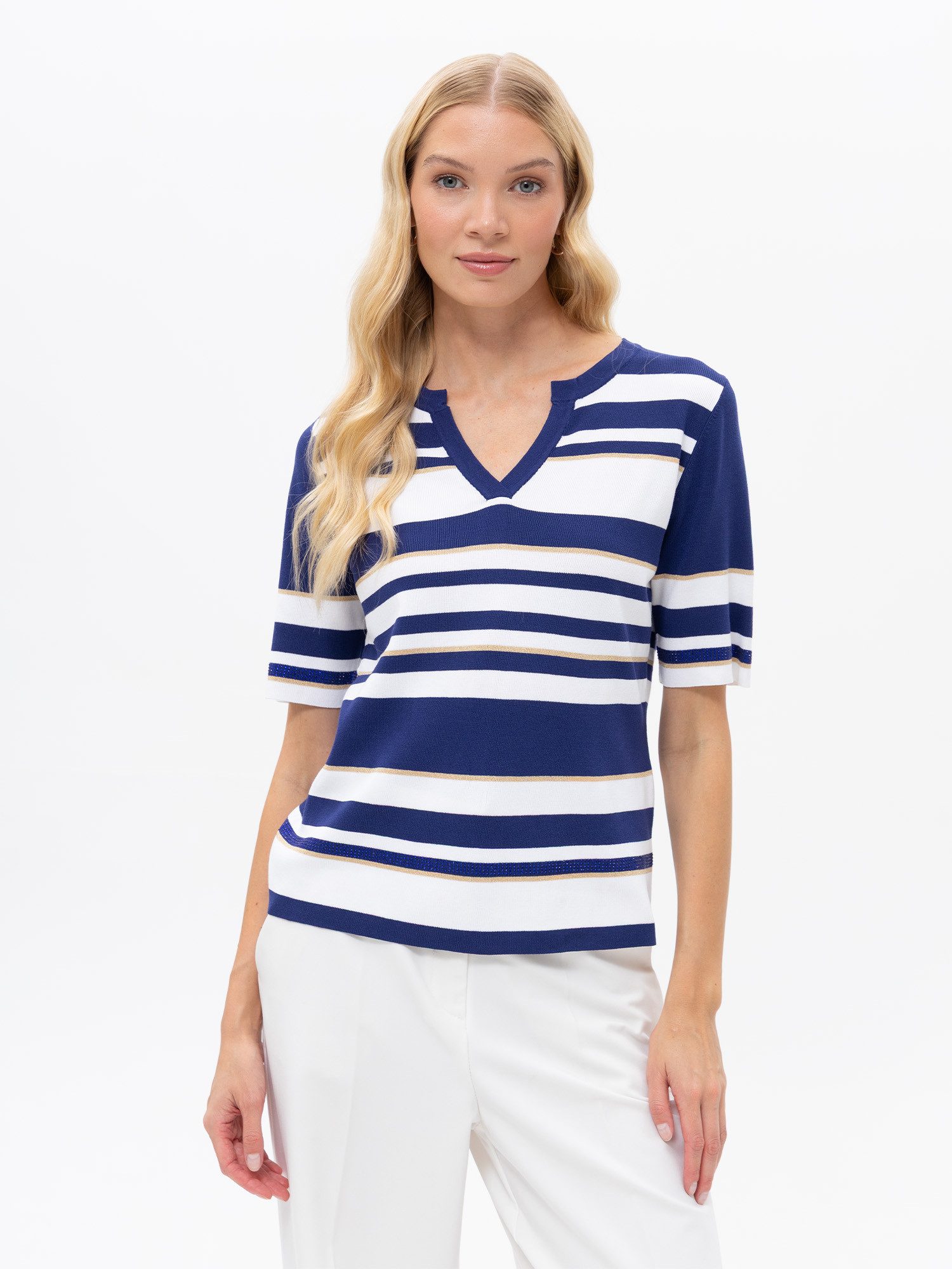 Passioni Kurzarmshirt Gestreifter Kurzarm Pullover Sommer Pullover mit navy-weißen Streifen und 3/4-Ärmel
