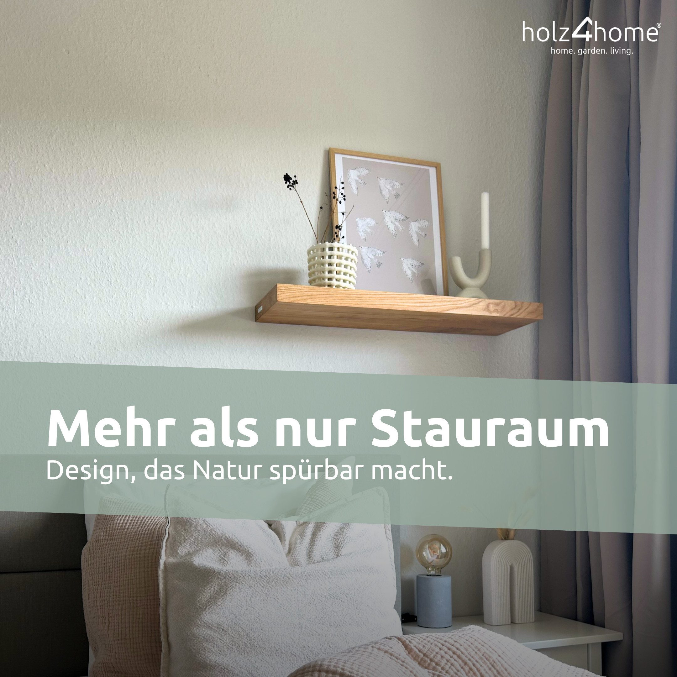 holz4home® Wandregal aus Massivholz Eiche Natur I Schwebendes Regal I Unsichtbare Halterung, Naturgeölt