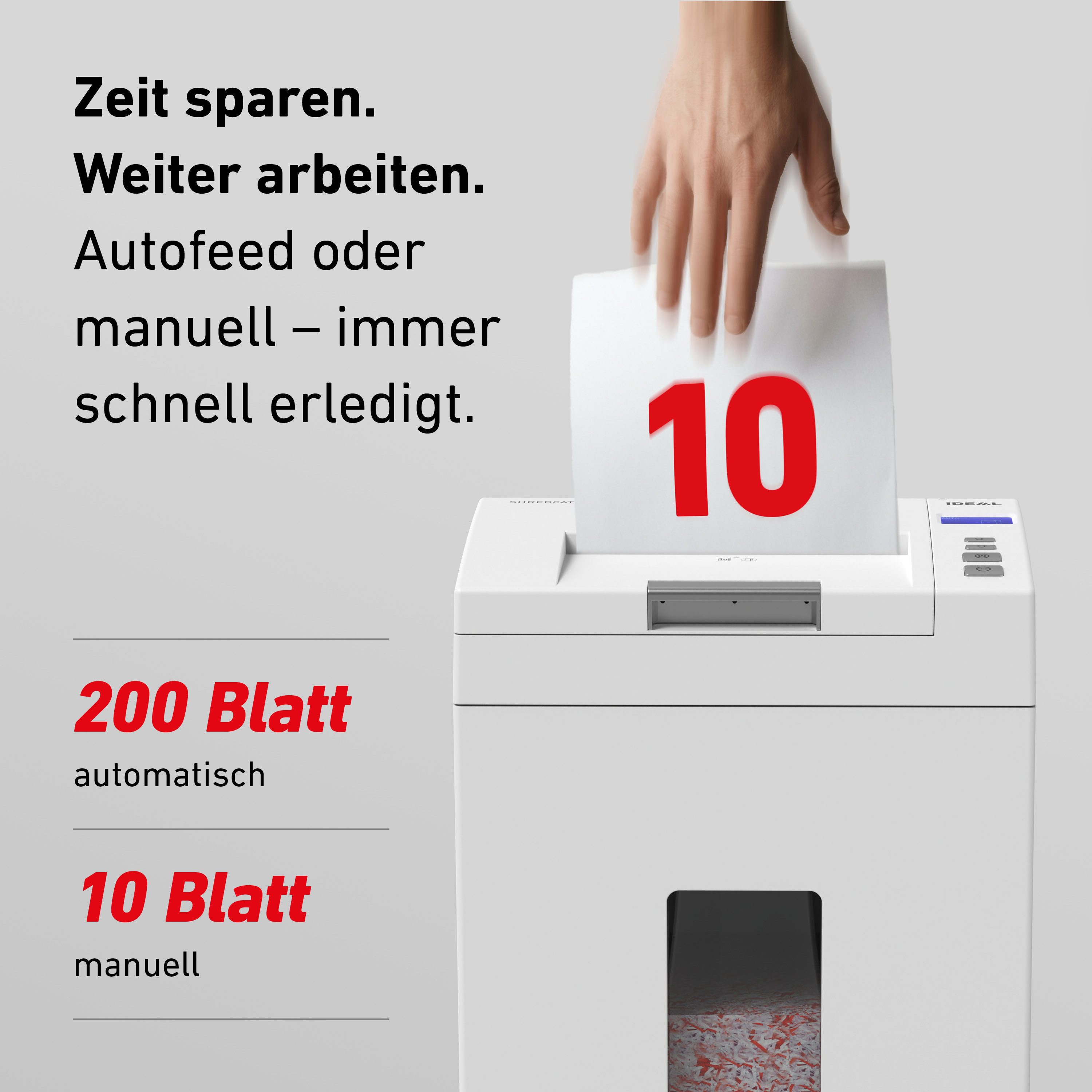 IDEAL Aktenvernichter IDEAL SHREDCAT Autofeed 8292 CC,4 x 10 mm Partikelschnitt, Sicherheitsstufe P-4, 200 Blatt Autofeed, 26 l Volumen, DSGVO-sicher – Bild 4 von 5