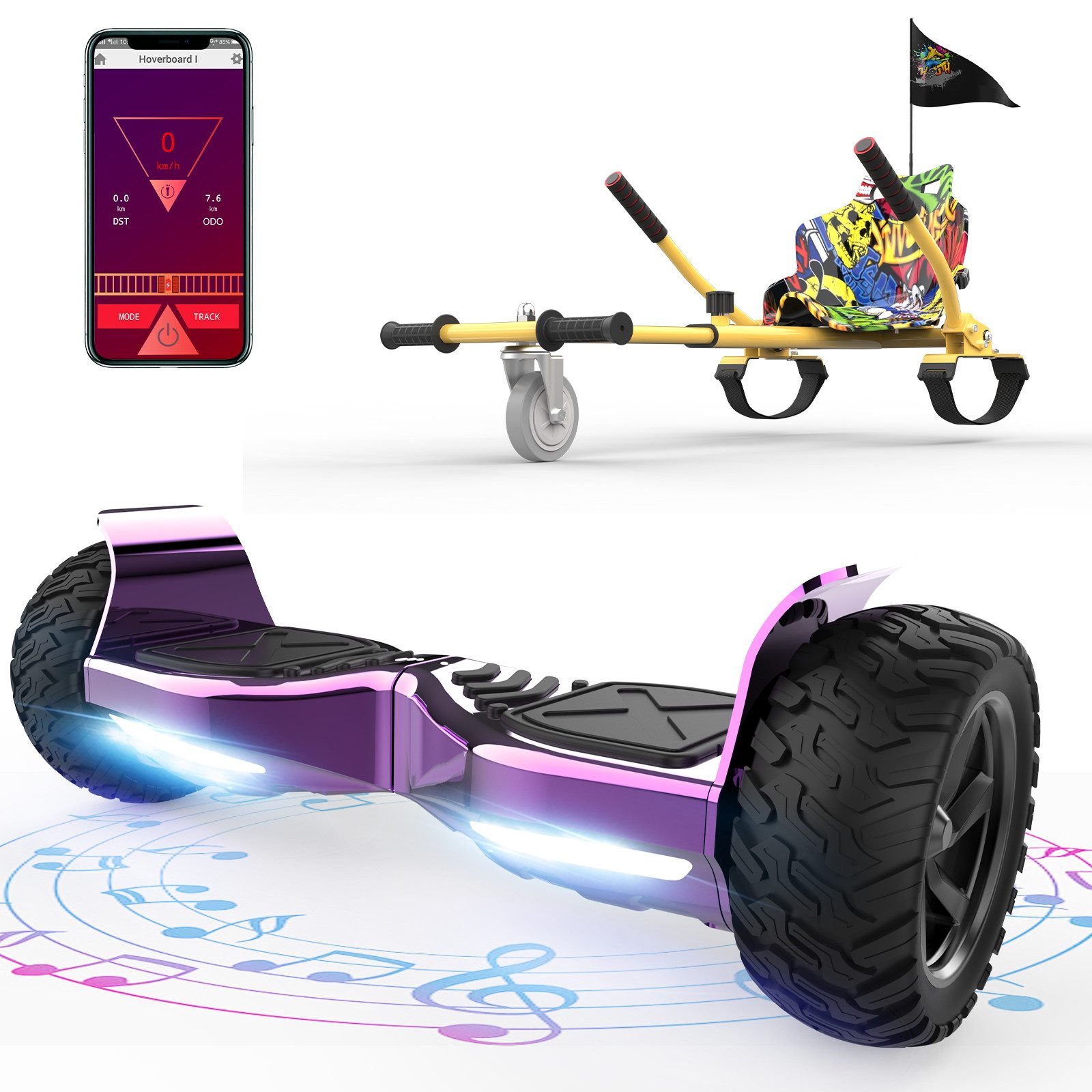 RCB Balance Scooter Kart Set, 8,5'' Off-Road SUV Hoverboard mit Sitz, Go-Kart, APP, Bluetooth