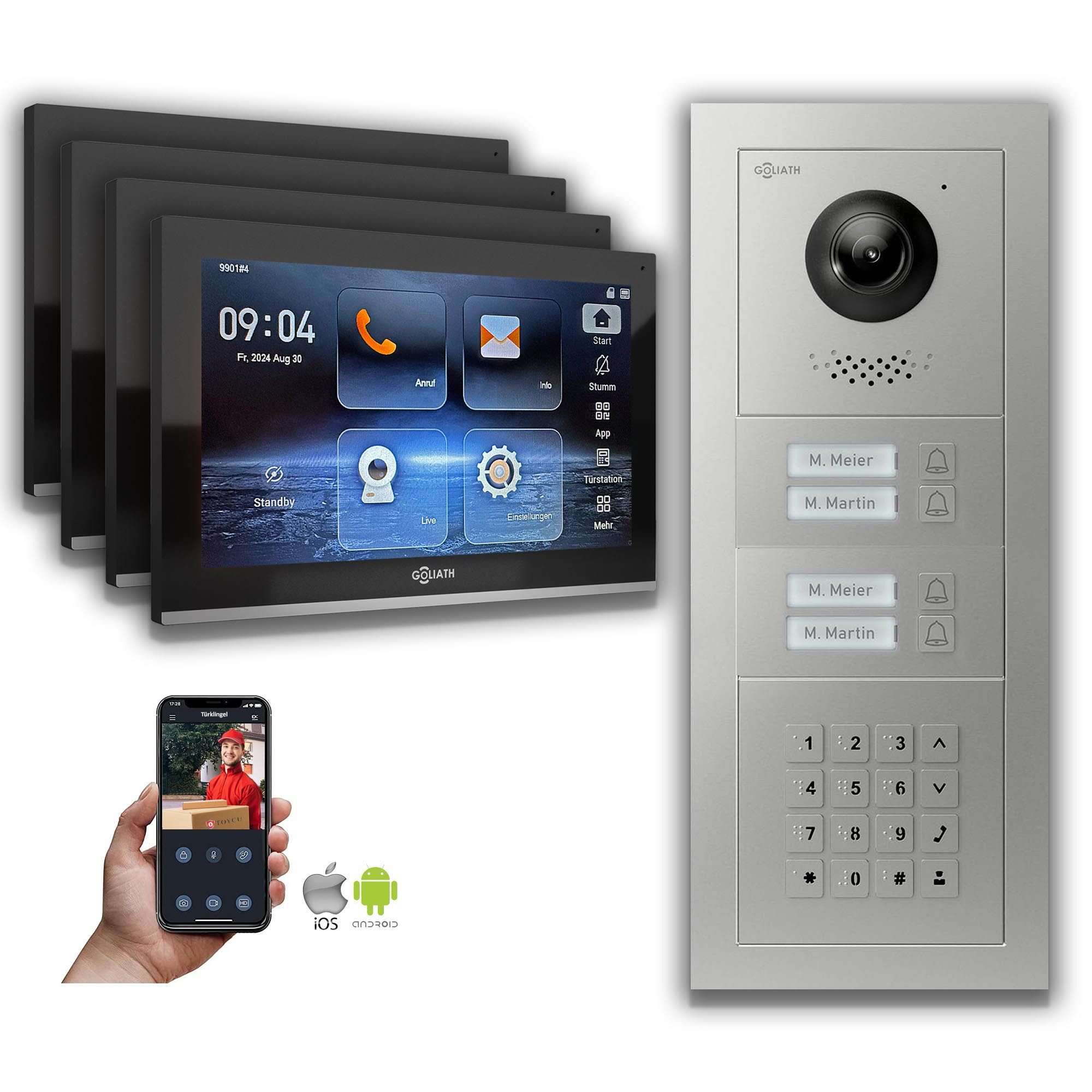 Goliath Intercom Video-Türsprechanlage Goliath IP Video Türsprechanlage: 10-Zoll 4 Familienhaus, Zahlencode, (Privat oder Gewerblich)