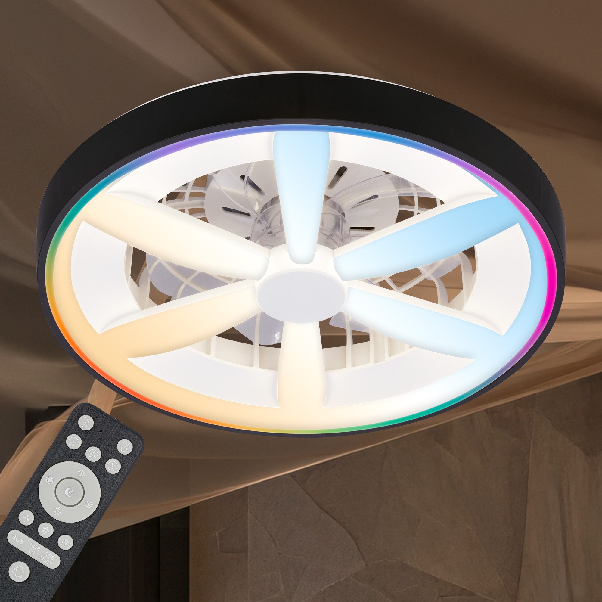 Briloner Leuchten Deckenleuchte LED Deckenventilator mit Licht Sommer/Winter Leiser Motor Dimmbar, LED fest integriert, CCT Farbtemperatursteuerung - Warm-/Neutral-/Kaltweiß, 48 x 15 cm (DxH), Schlafzimmer, Wohnzimmer, Esszimmer, Flur, Küche