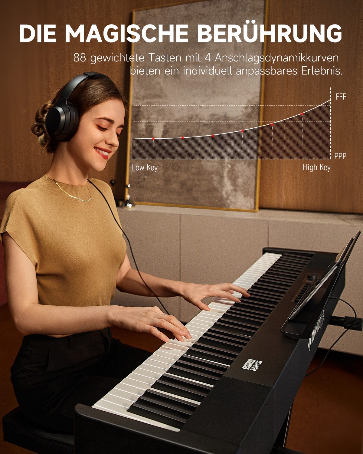 Donner Digitalpiano E-Piano 88 Tasten gewichtete Dual-Tastaturmodus Mit Ständer DEP-20Lite (set, mit Ständer, Haltepedal, und Tastaturaufklebern), für Anfänger Tragbares E-Piano