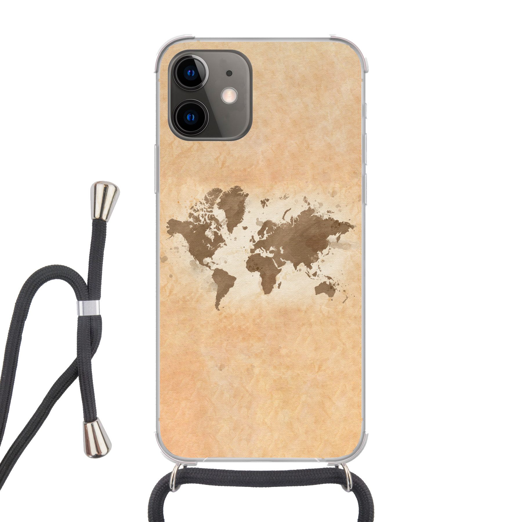 MuchoWow Handyhülle für Apple iPhone 11 Weltkarte - Beige - Braun, Tragbare Handyhüllen mit Kette zum umhängen, Handykette Handyband