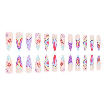 YRIIOMO Kunstfingernägel Tragbare künstliche Nägel, mehrfarbige gewellte, Blumen-Schachbrettnägel