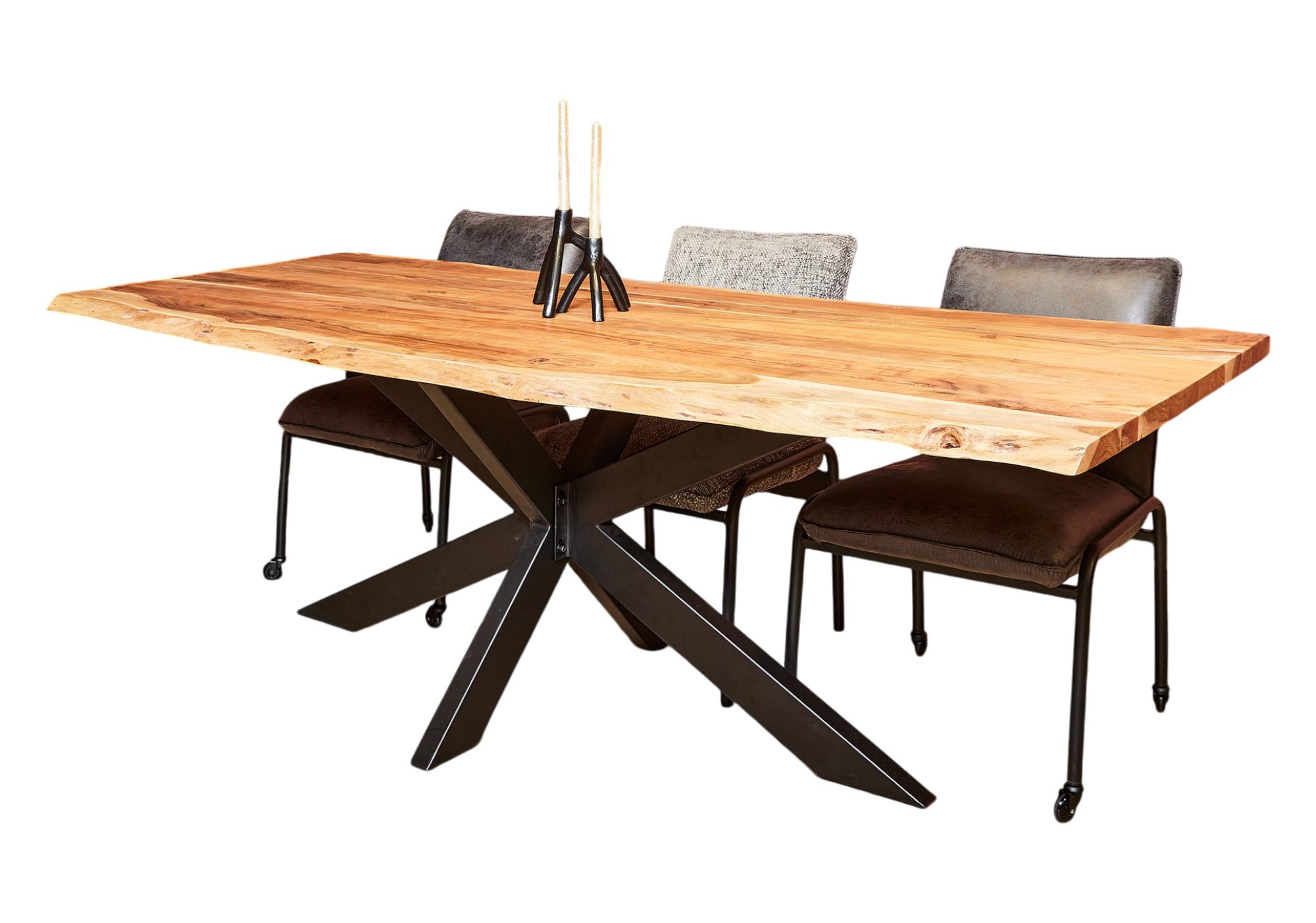 BENEDO MÖBEL Esstisch TreeLine – einzigartiges Akazienholz-Design mit Metallrahmen (2-teilig, 1 Tisch), FSC®-zertifiziertes Holz, Naturbelassene Baumkante, Spider-Gestell