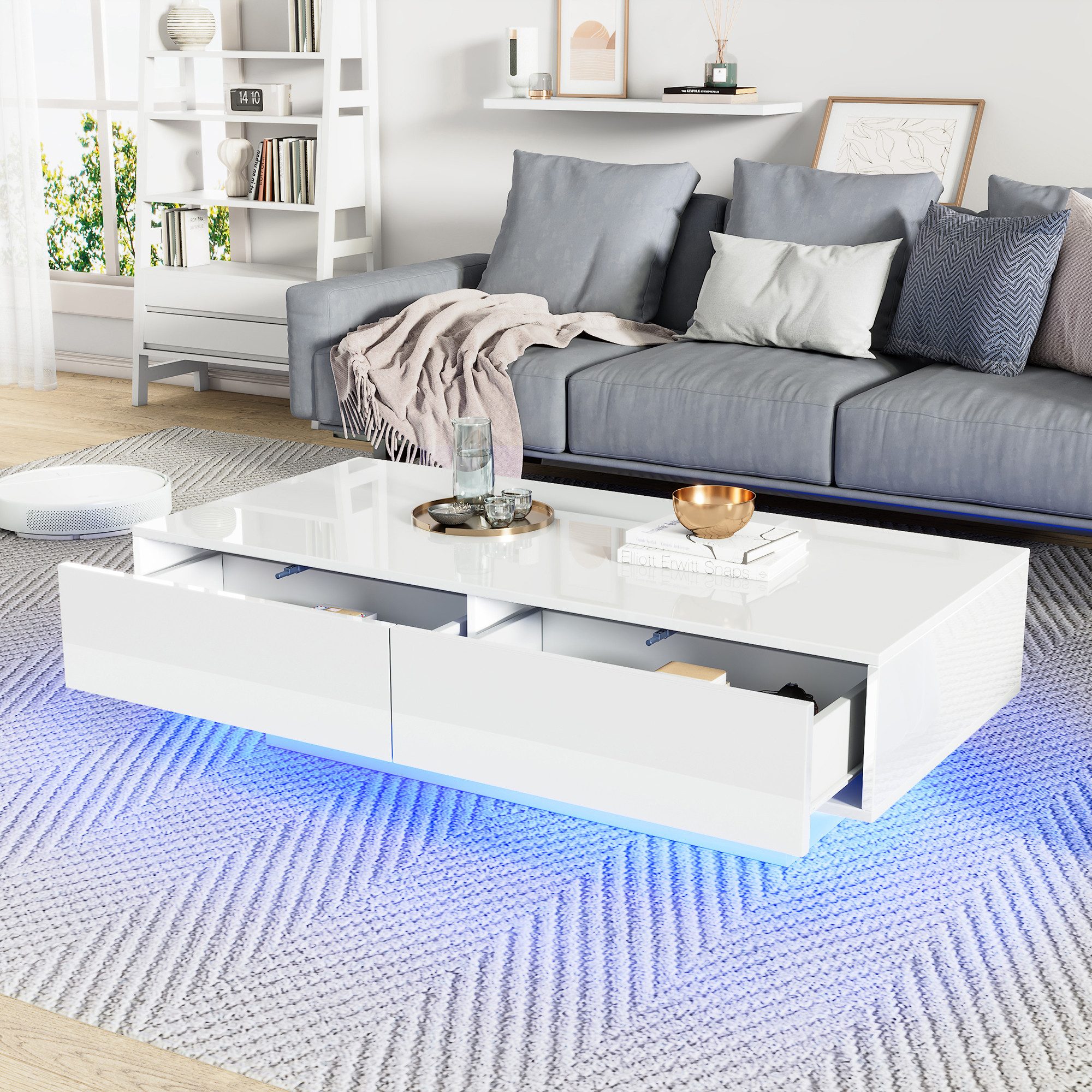 HAUSS SPOLE Couchtisch Hochglanz Couchtisch in Weiß, mit 2 Schubladen, LED-Beleuchtung (Wohnzimmertisch, Beistelltisch mit Glasplatte, 1-St., 2 Schubladen), 30kg Tragkraft, 115*55*34 cm