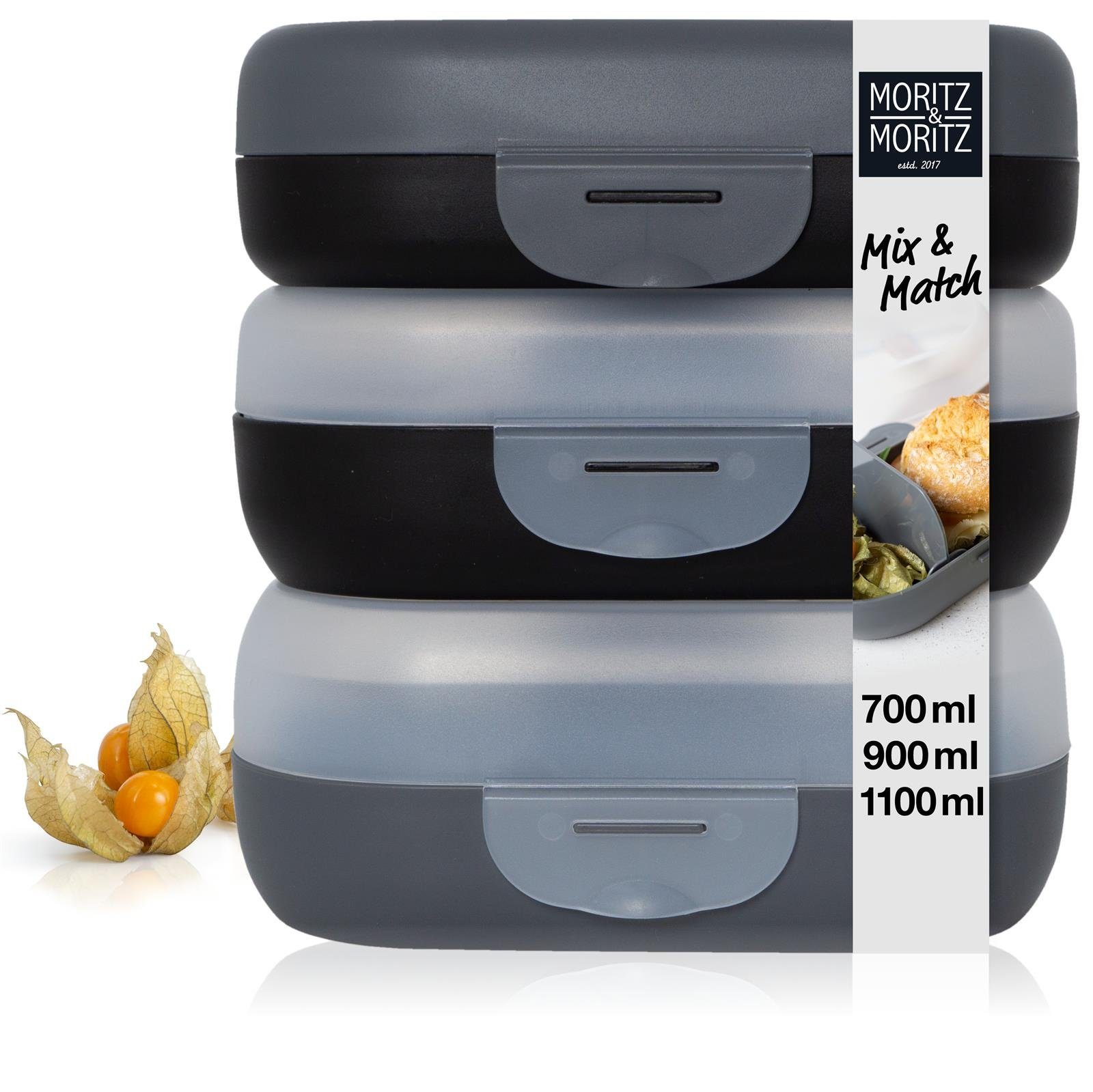 Moritz & Moritz Lunchbox Moritz & Moritz Mix Brotdosen dunkel, Kunststoff, (3er Set, 6-tlg), Mix & Match - mit Fächern