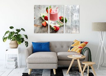 Pixxprint Leinwandbild Köstlicher Erdbeershake, Köstlicher Erdbeershake 3Teiler (120x80cm) (1 St), Leinwandbild fertig bespannt, inkl. Zackenaufhänger