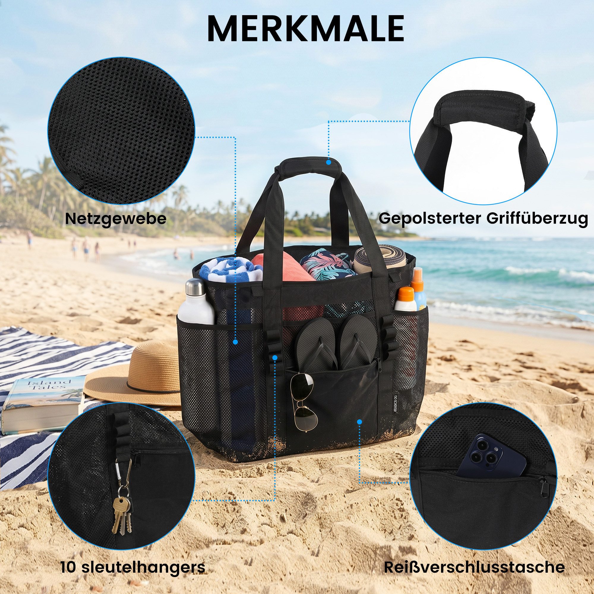 TANTOMI Strandtasche Große Strandtasche mit Reißverschluss mehreren Fächern Wasserdicht, Badetasche XXL Familie Reisetasche Beach Tote Bag – Bild 4 von 5