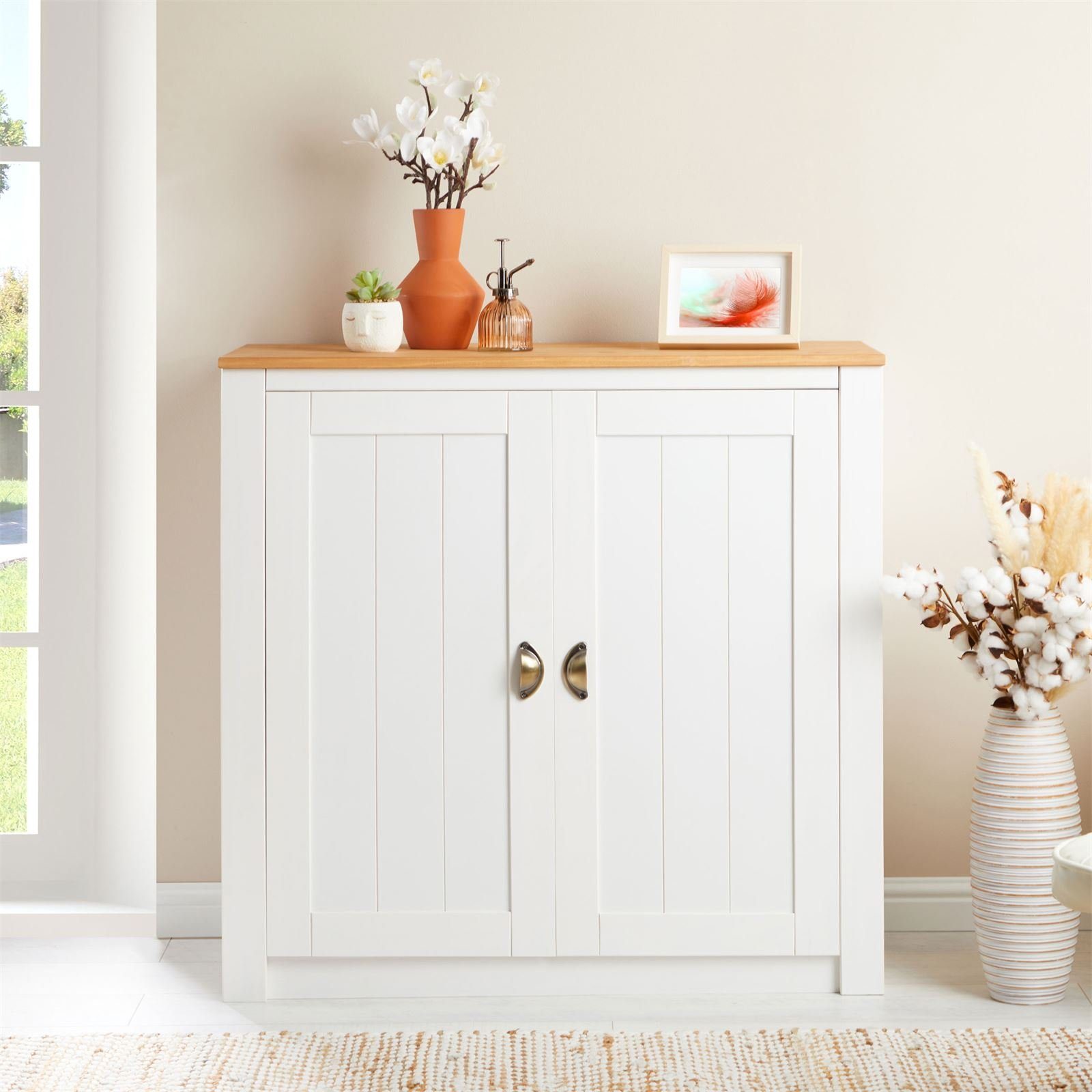 IDIMEX Kommode BOLTON, Anrichte mit 2 Türen aus Massivholz mit Muschelgriff Weiß/Braun