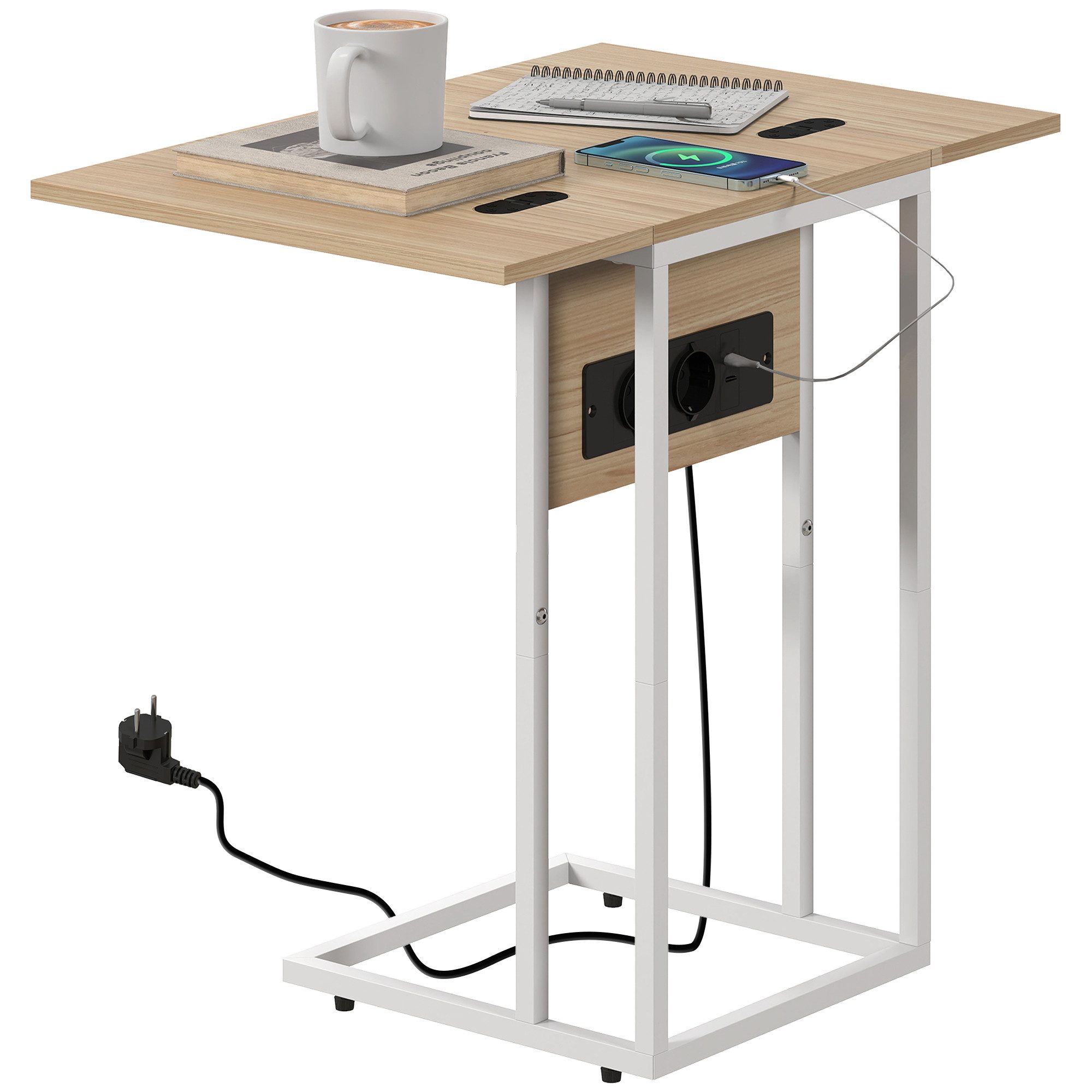 Luckice Beistelltisch Klappbarer Beistelltisch mit Ladestation, USB & USB-C (C-Design, 39x29x57 cm, Holzfarbe)