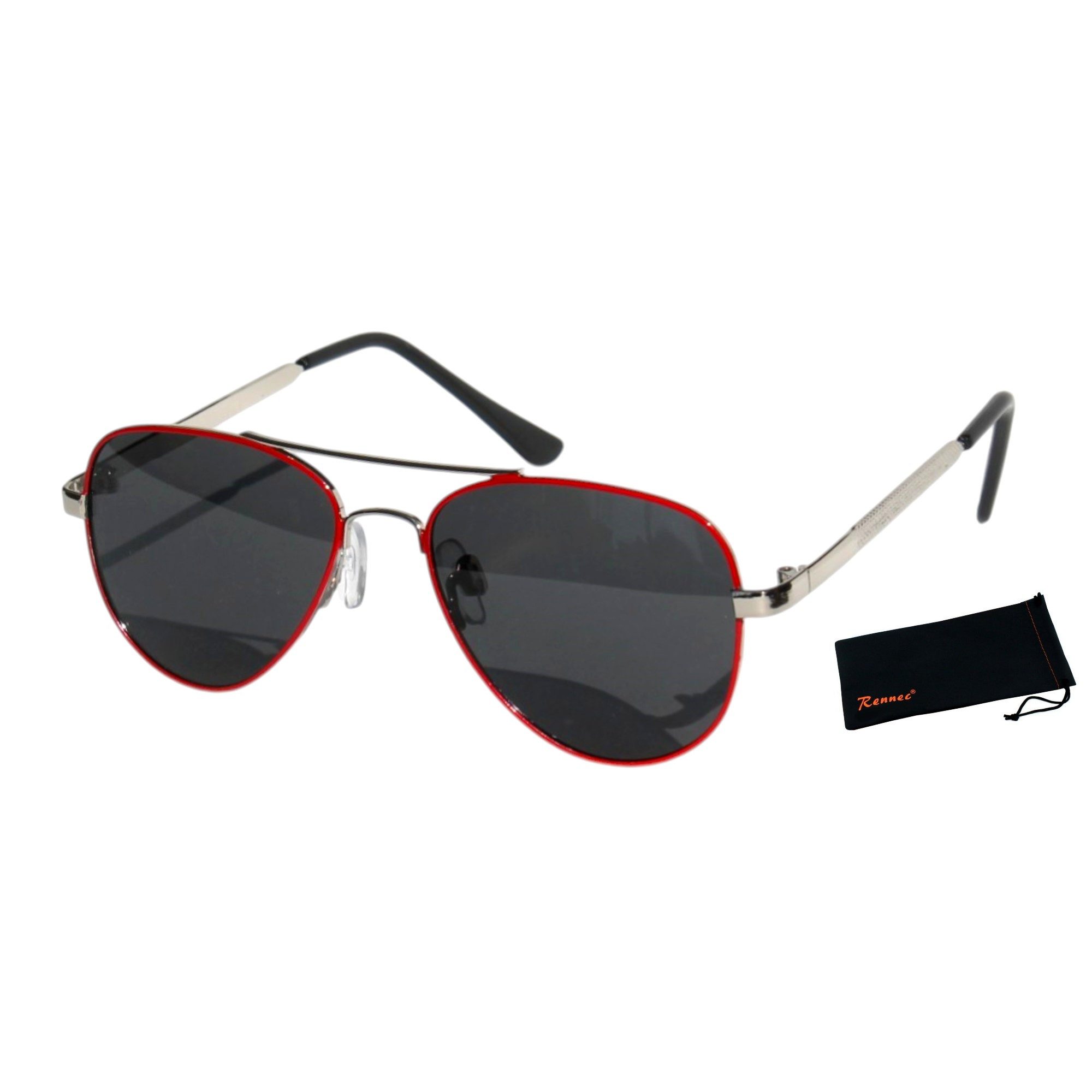 Rennec Sonnenbrille (Pilotenbrille Polarisiert UV400 Gläser Schwarz Getönt, Kinder Piloten Sonnenbrille mit Brillenbeutel) Jungen und Mädchen von 6 bis ca 11 Jahren