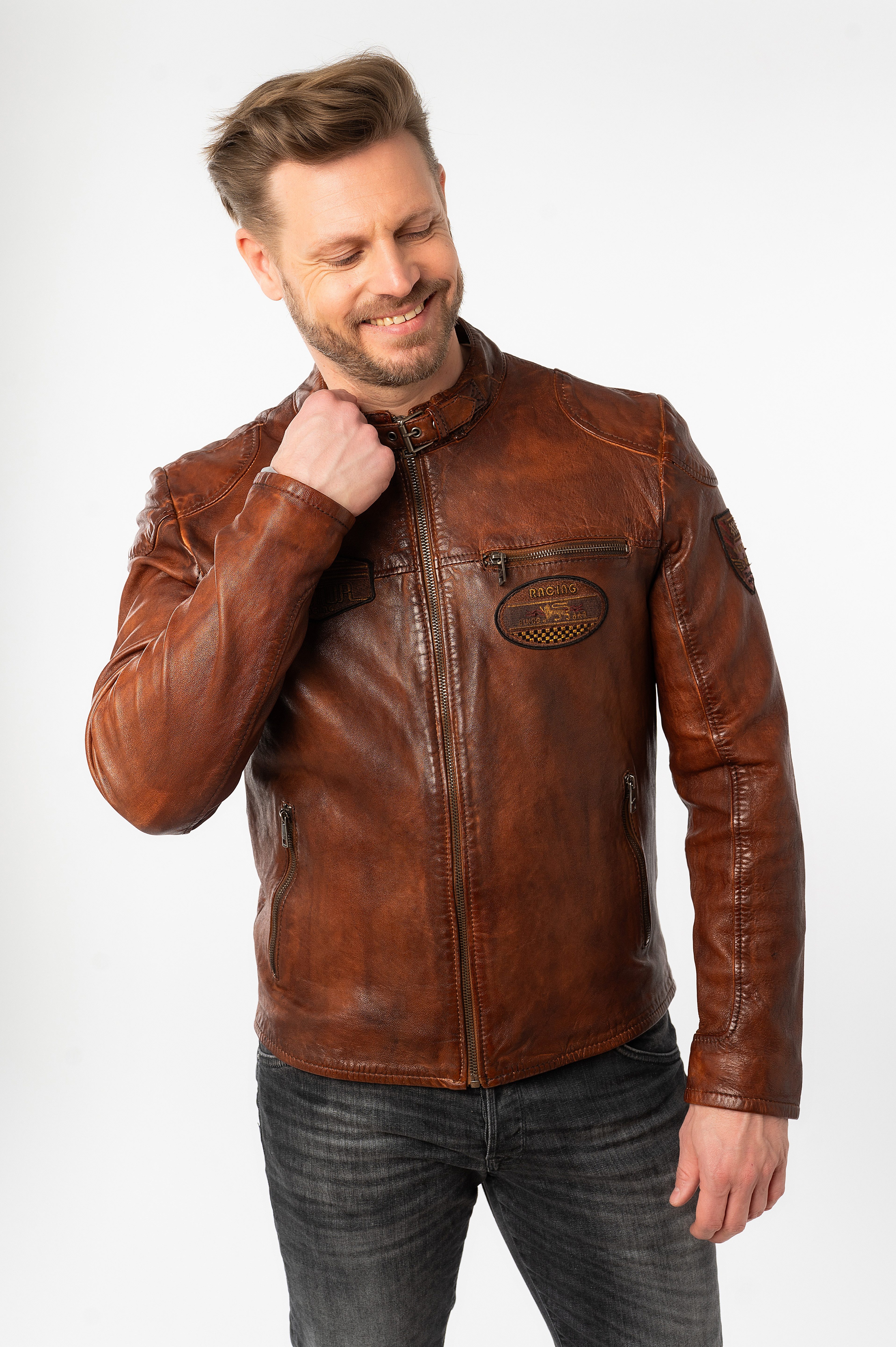 Mauritius Lederjacke MMKendrik mit Patches, Stehkragen günstig online kaufen