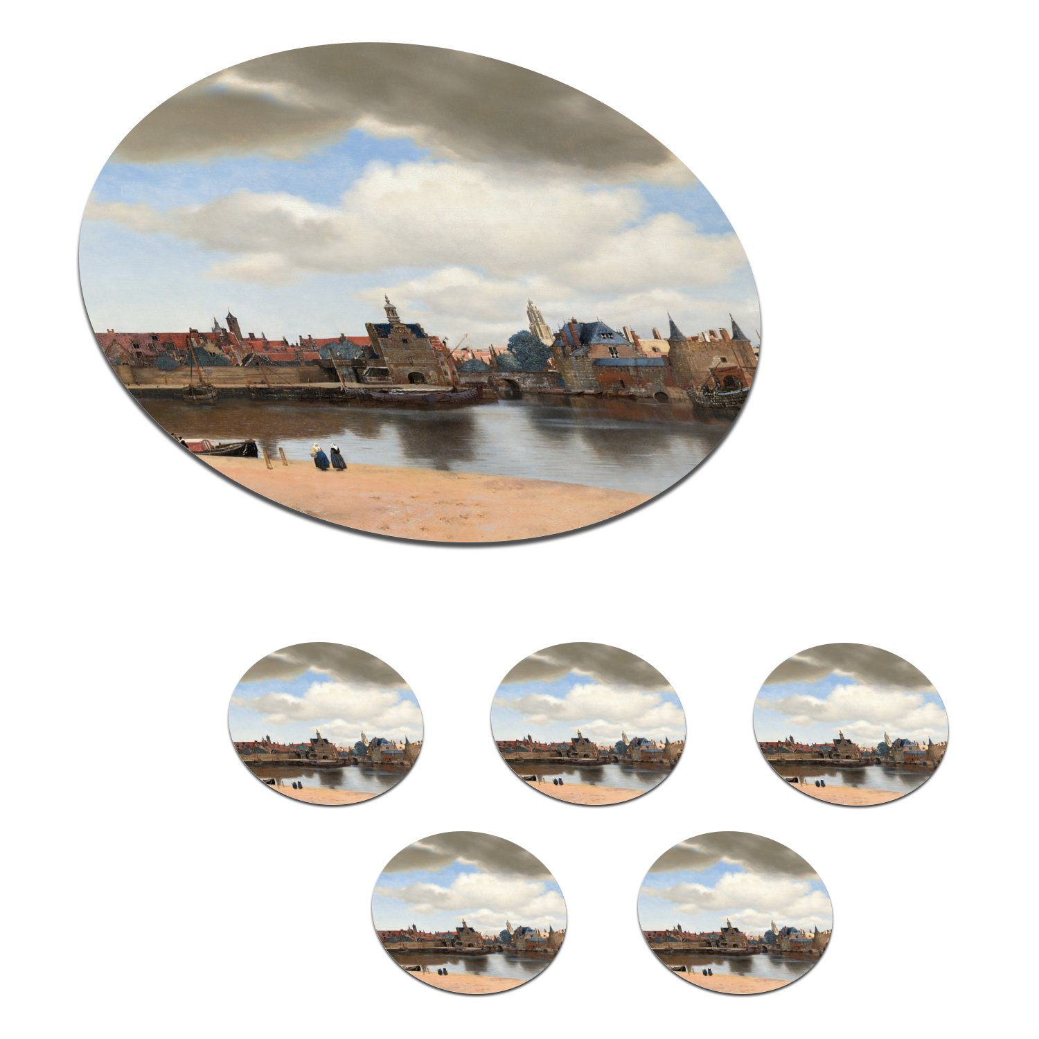 MuchoWow Glasuntersetzer Ansicht von Delft - Gemälde von Johannes Vermeer, Zubehör für Gläser, 6-tlg., Getränkeuntersetzer, Tassenuntersetzer, Korkuntersetzer, Tasse, Becher