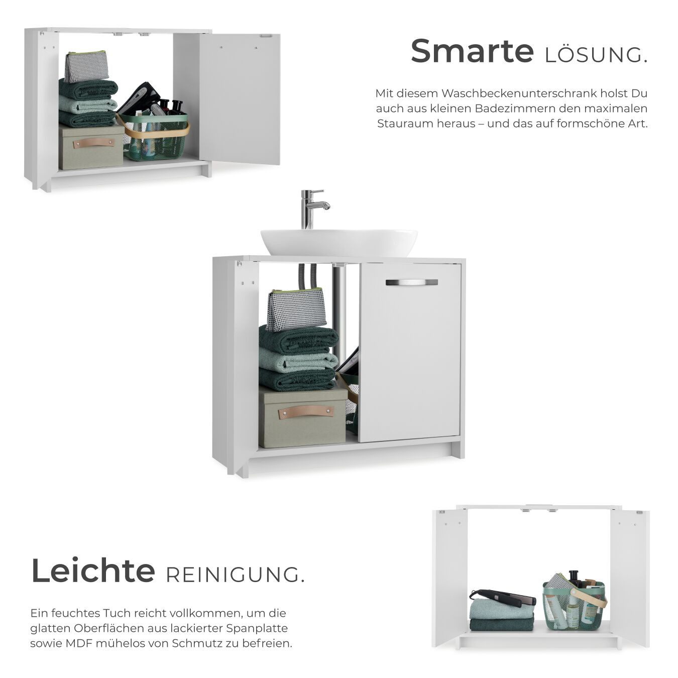tectake Waschbeckenunterschrank Badezimmerschrank ohne Waschbecken, Belastbarkeit 20kg, 63 x 31 x (Badezimmer Unterschrank Katalina, in weiß) großer Stauraum, S – Bild 4 von 5