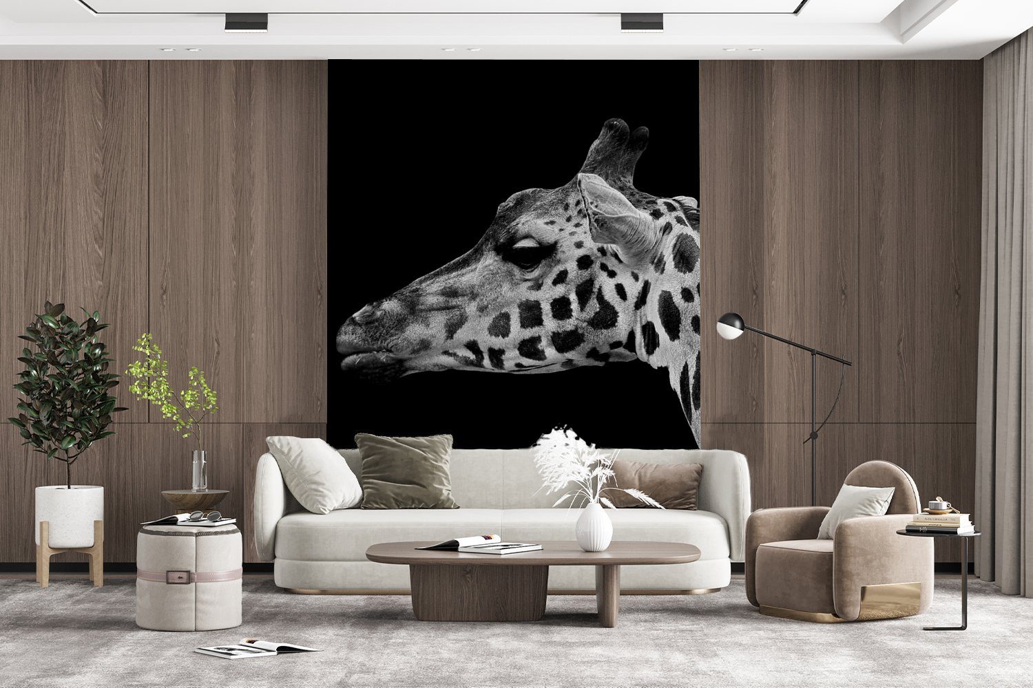 Weiß, Tiere Giraffe Wohnzimmer, Fototapete Wandtapete für MuchoWow Schwarz - (4 - Montagefertig - bedruckt, Tapete St), Matt, Vinyl