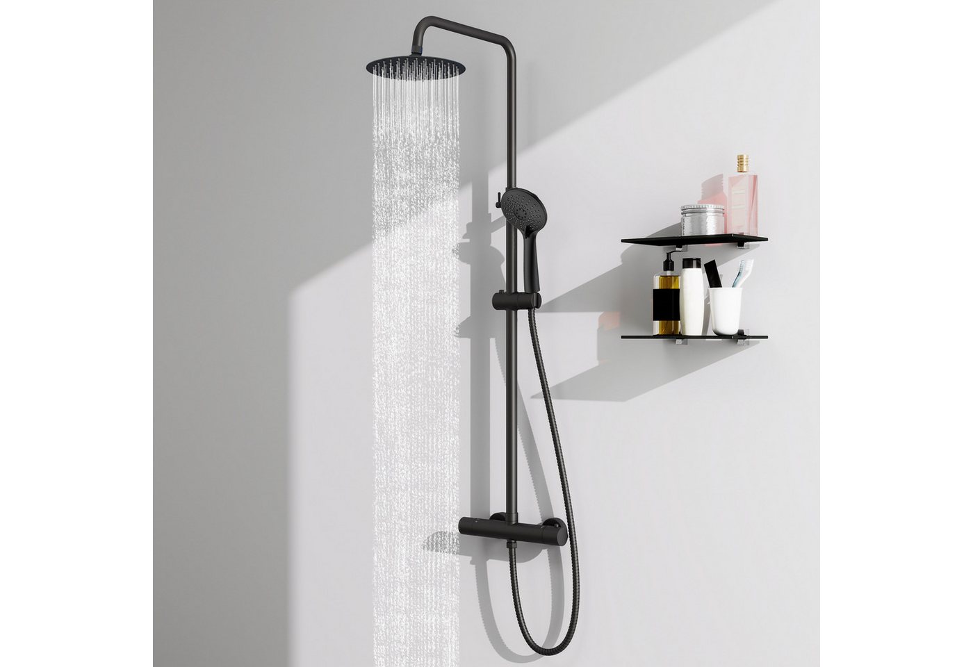 Aica Sanitär Duschsystem Rund-Regendusche Thermostat Duschset mit Handbrause, 3 Strahlart(en)